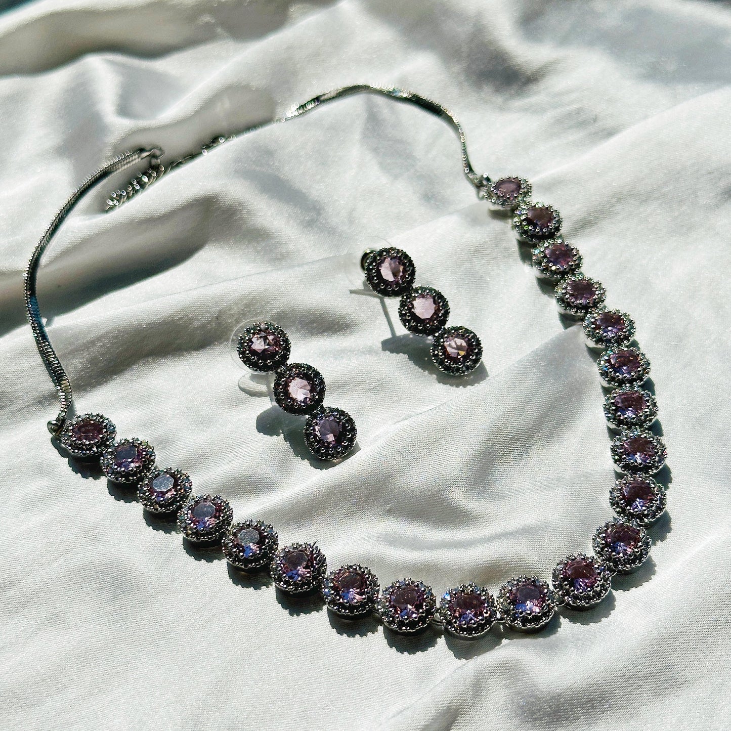 Pink Topaz Cubic Zircon Stone American Diamond Silver Plated Necklace Set