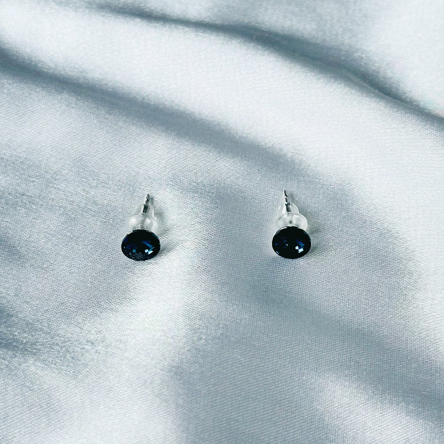 Dark Indigo Blue Swarovski Crystal Silver Plated Stud Earrings