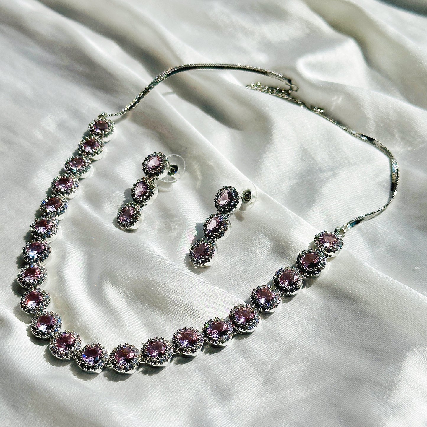 Pink Topaz Cubic Zircon Stone American Diamond Silver Plated Necklace Set