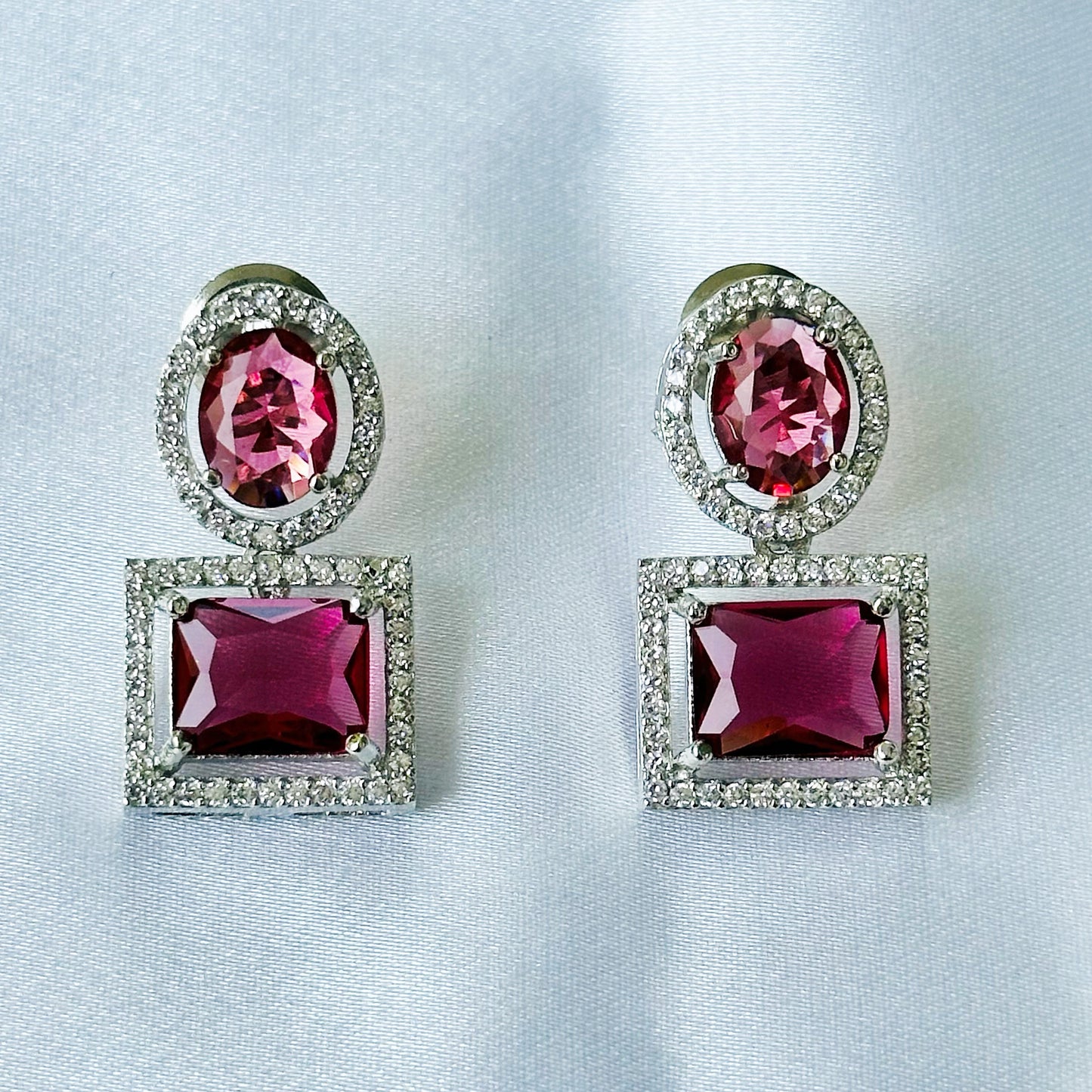 Red Ruby Cubic Zircon American Diamond Silver Plated Necklace Set