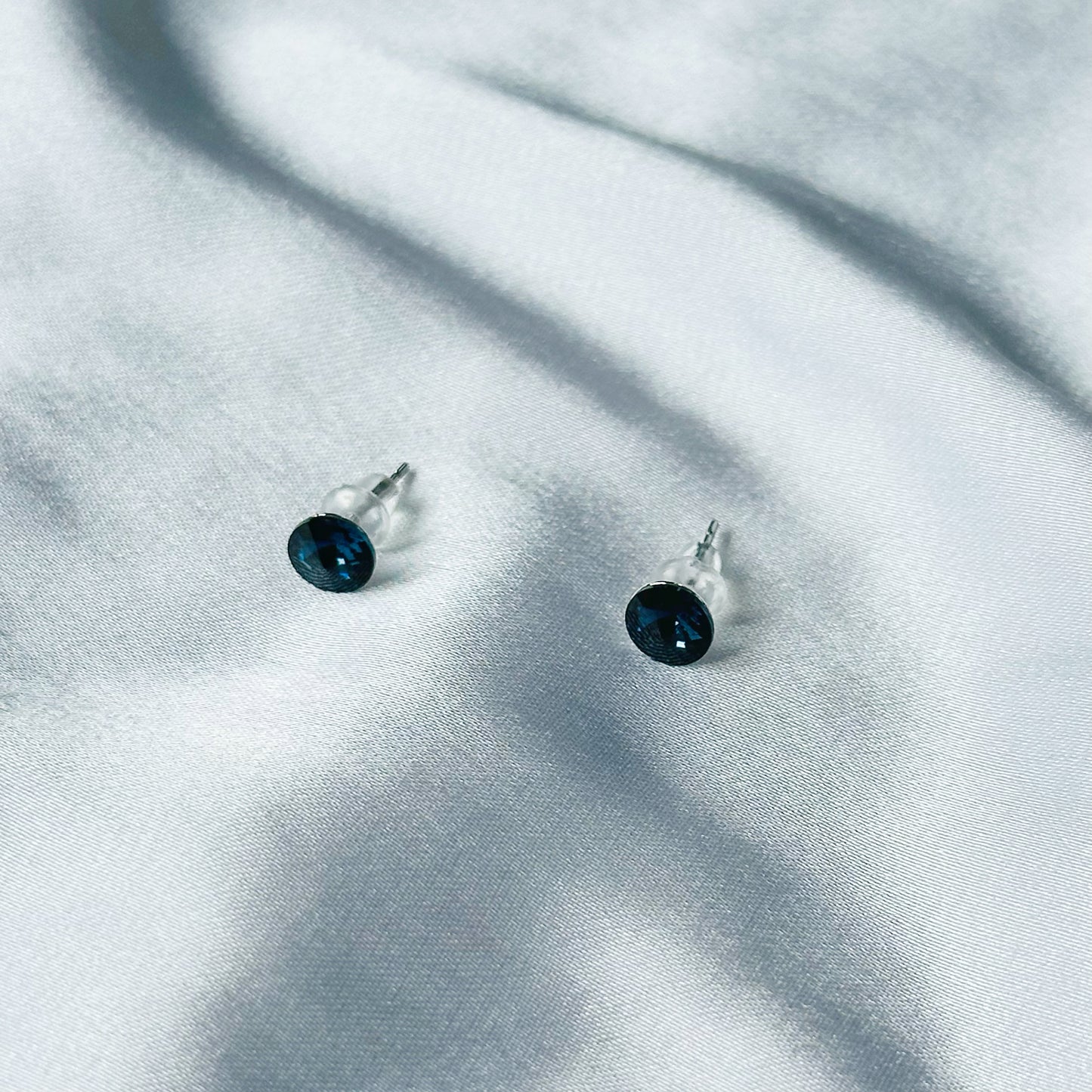 Dark Indigo Blue Swarovski Crystal Silver Plated Stud Earrings