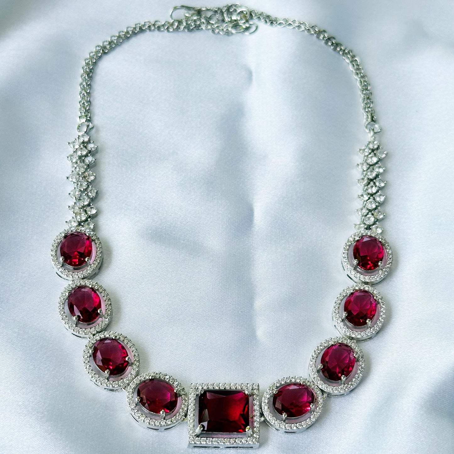 Red Ruby Cubic Zircon American Diamond Silver Plated Necklace Set