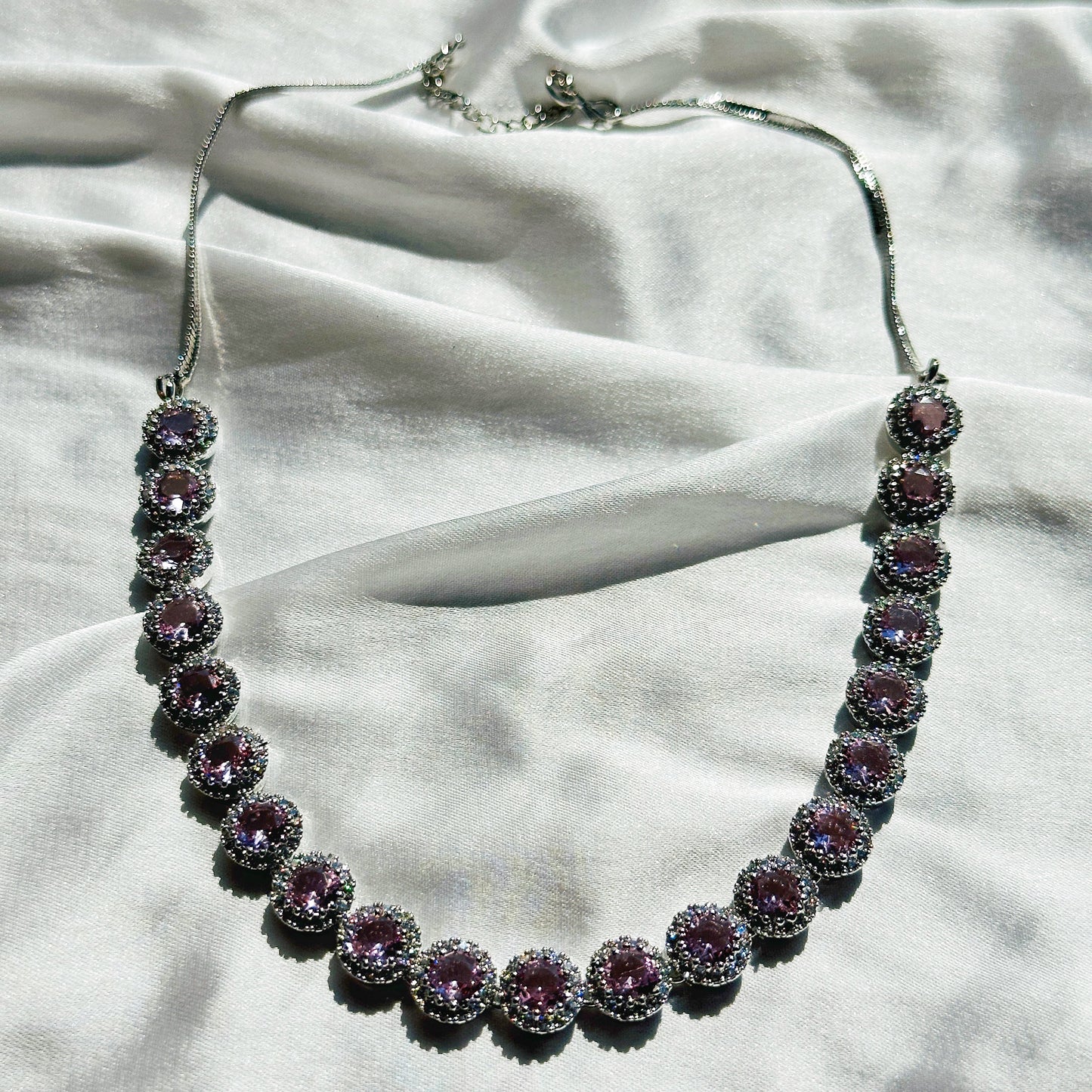 Pink Topaz Cubic Zircon Stone American Diamond Silver Plated Necklace Set