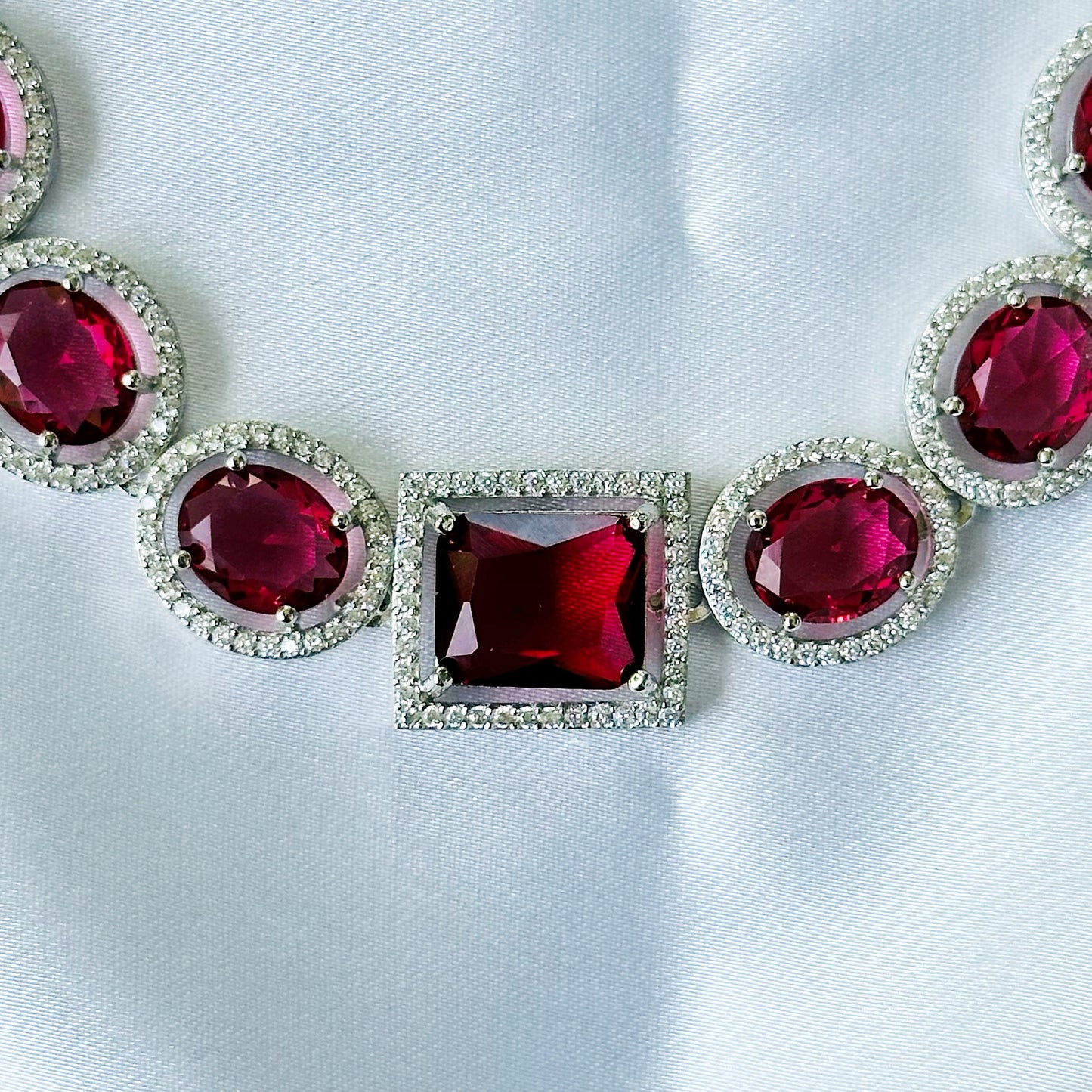 Red Ruby Cubic Zircon American Diamond Silver Plated Necklace Set