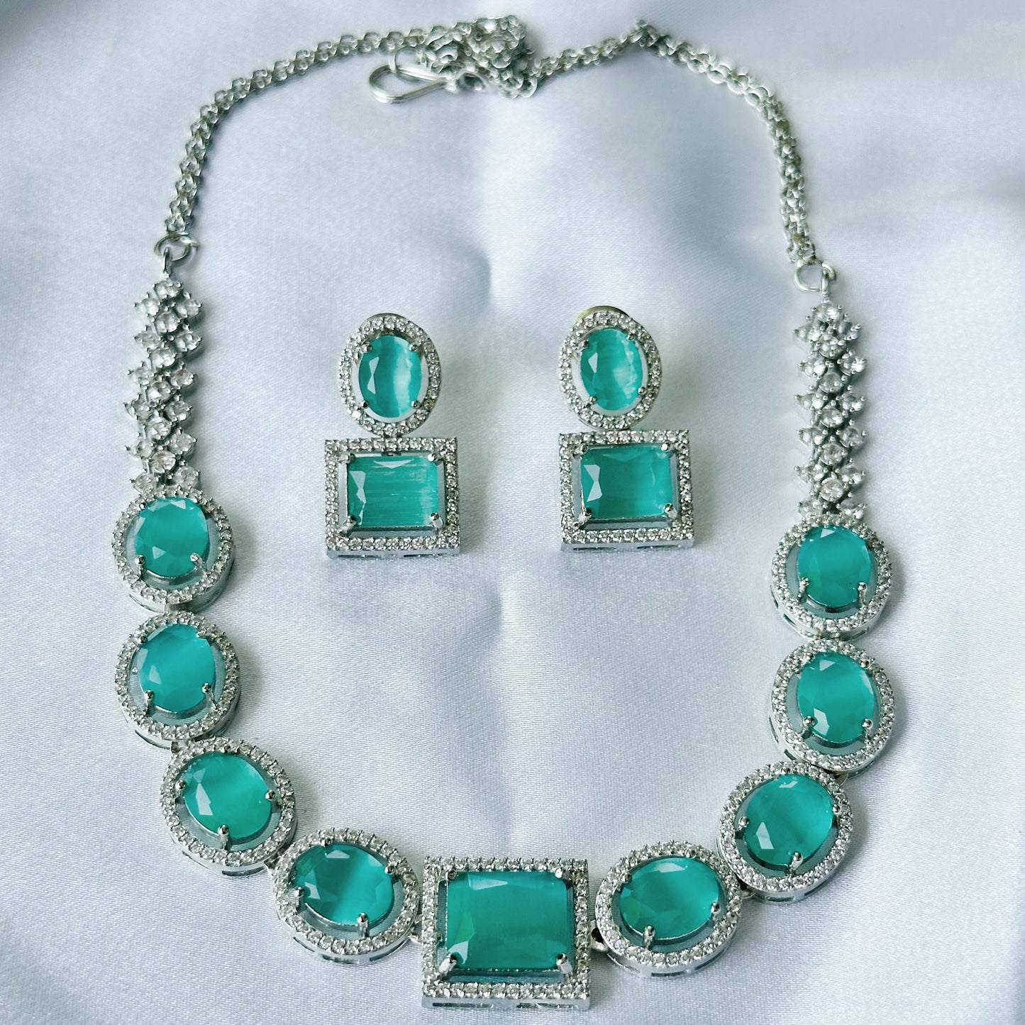 Mint Green Opal Cubic Zircon American Diamond Silver Plated Necklace Set