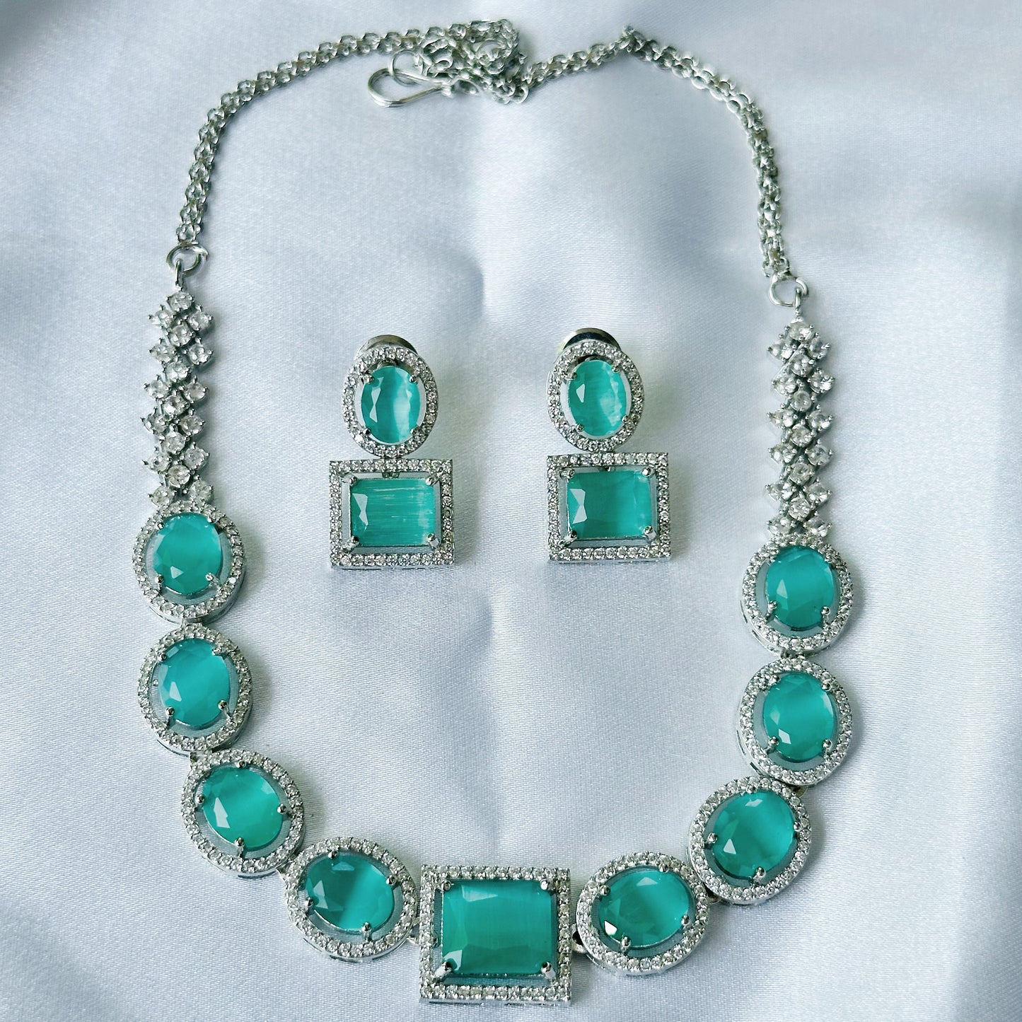 Mint Green Opal Cubic Zircon American Diamond Silver Plated Necklace Set