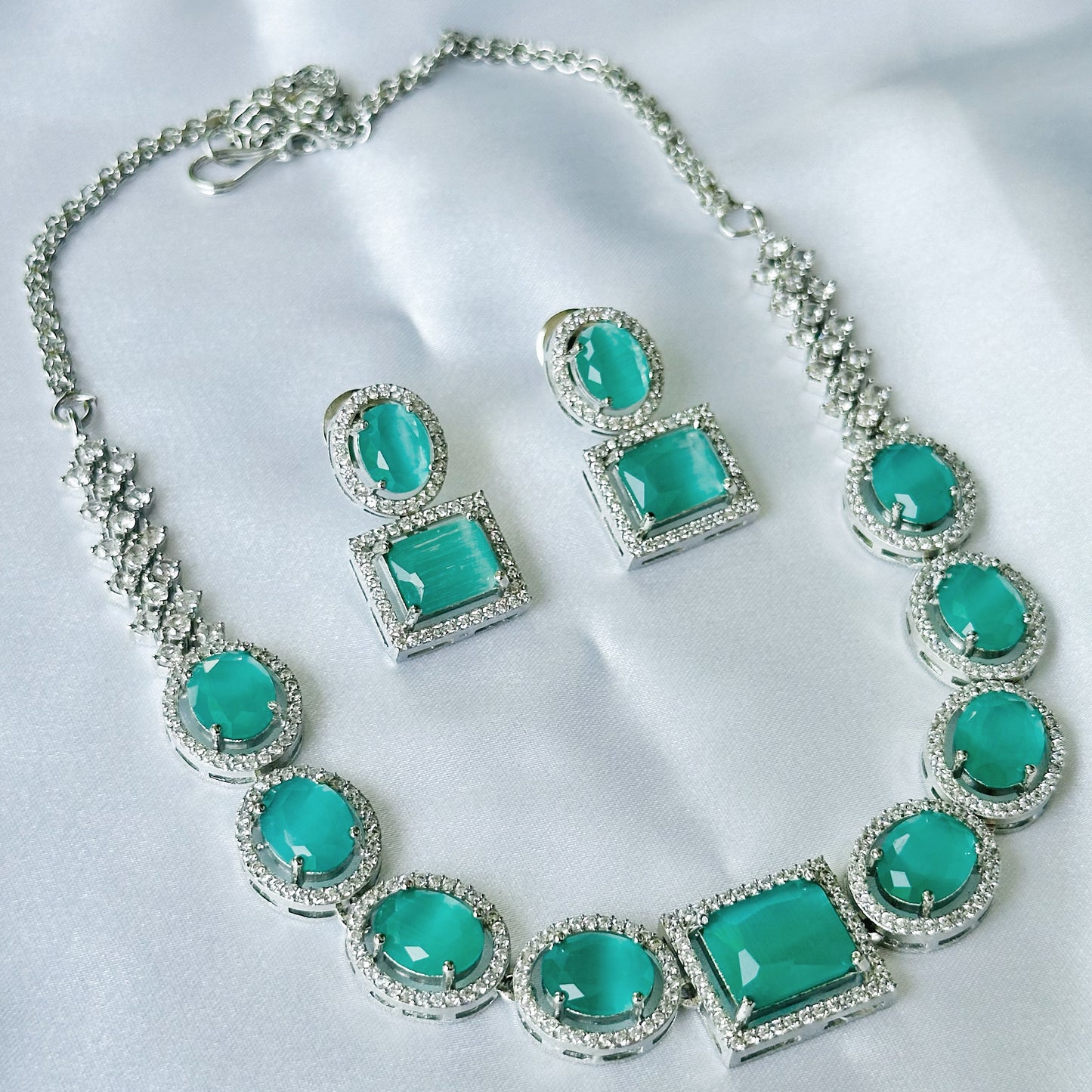Mint Green Opal Cubic Zircon American Diamond Silver Plated Necklace Set