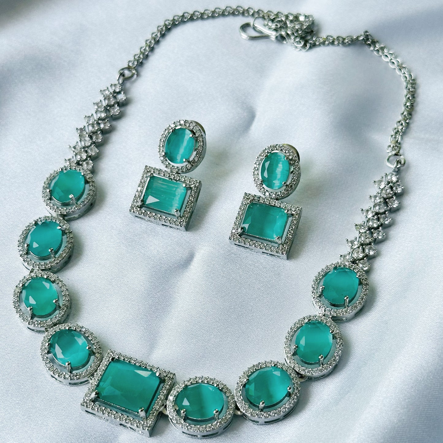 Mint Green Opal Cubic Zircon American Diamond Silver Plated Necklace Set