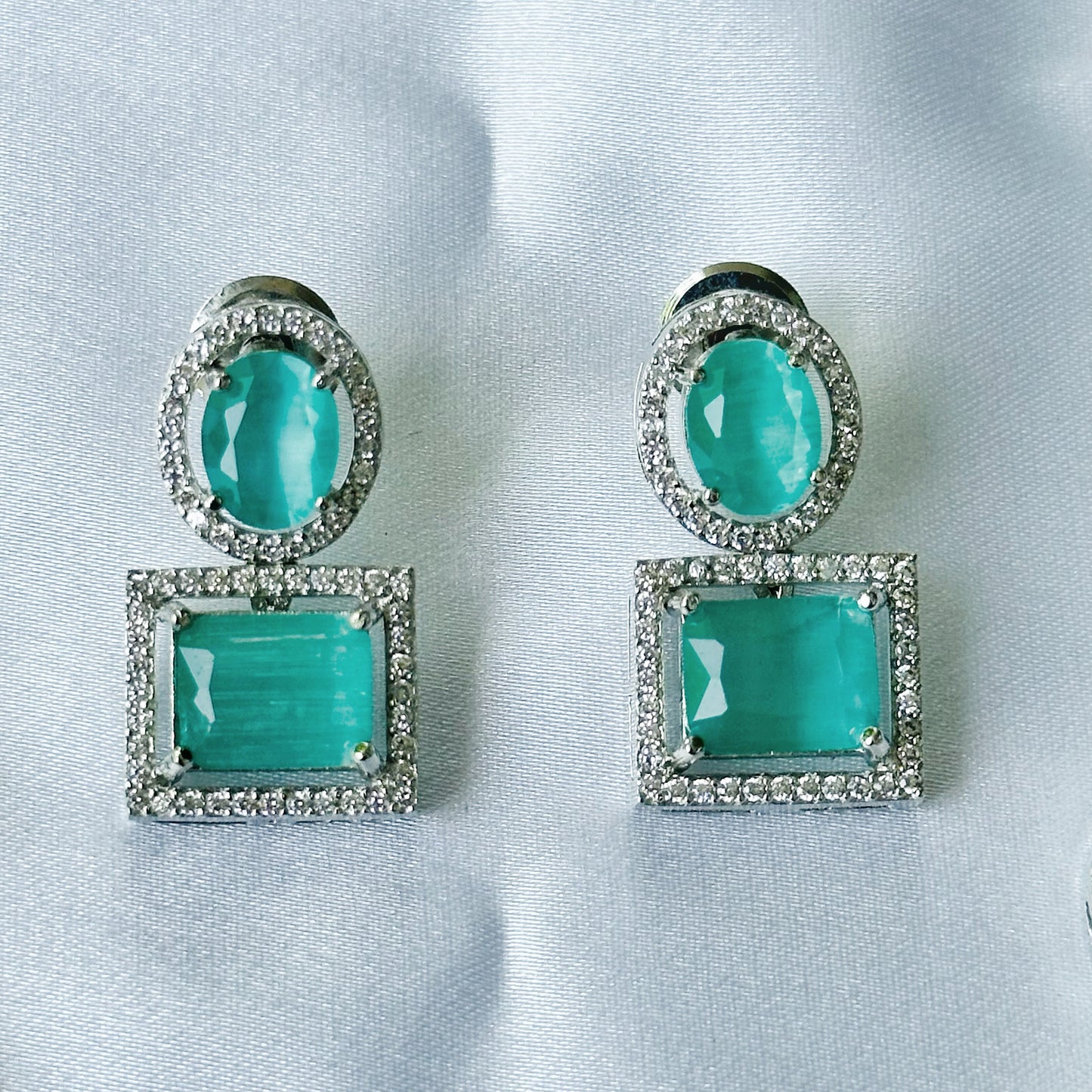 Mint Green Opal Cubic Zircon American Diamond Silver Plated Necklace Set