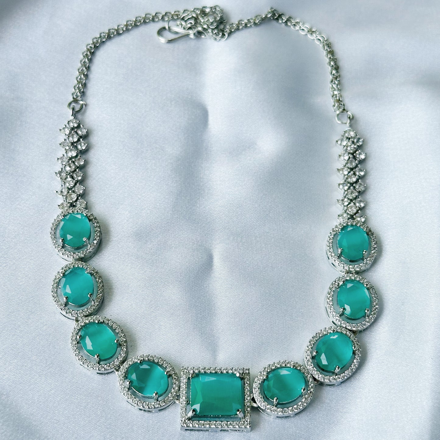 Mint Green Opal Cubic Zircon American Diamond Silver Plated Necklace Set
