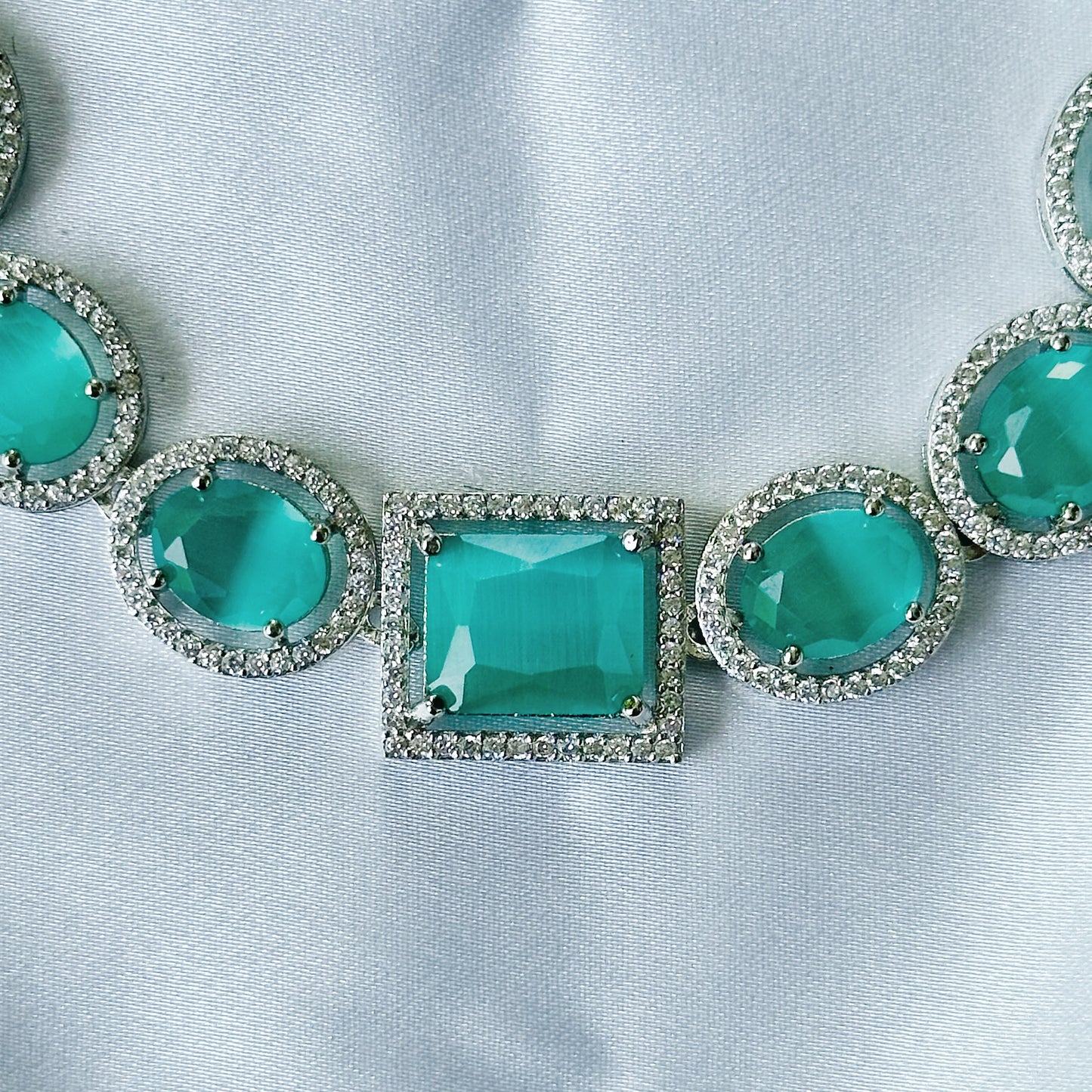 Mint Green Opal Cubic Zircon American Diamond Silver Plated Necklace Set