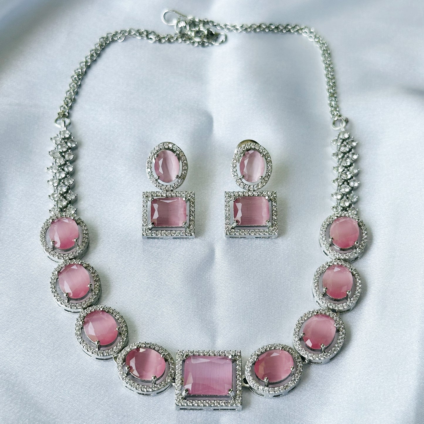 Pink Opal Cubic Zircon American Diamond Silver Plated Necklace Set