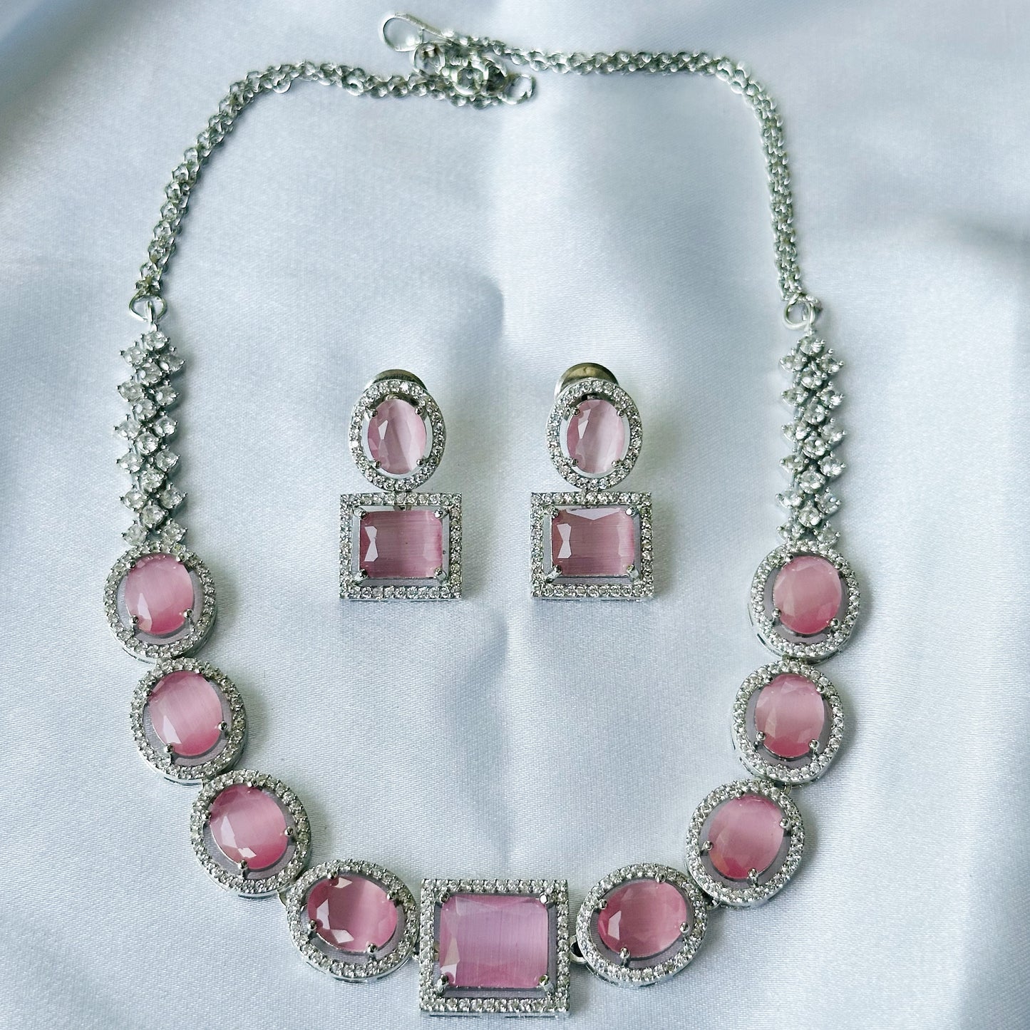 Pink Opal Cubic Zircon American Diamond Silver Plated Necklace Set