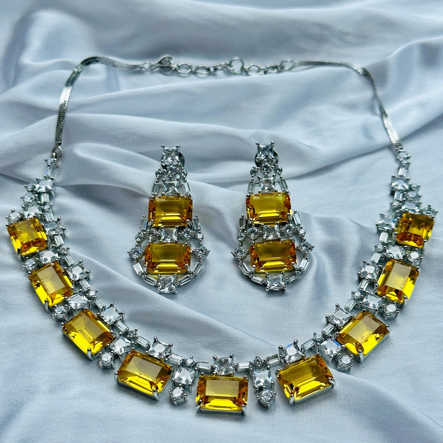 Yellow Topaz Cubic Zircon American Diamond Silver Plated Necklace Set