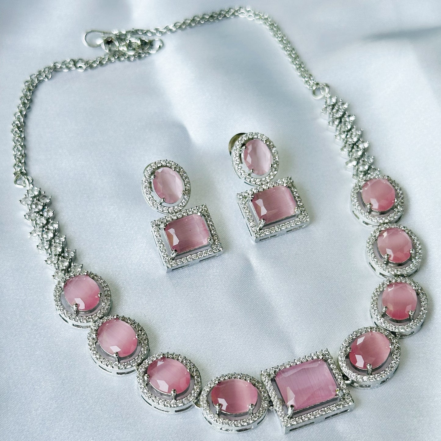 Pink Opal Cubic Zircon American Diamond Silver Plated Necklace Set