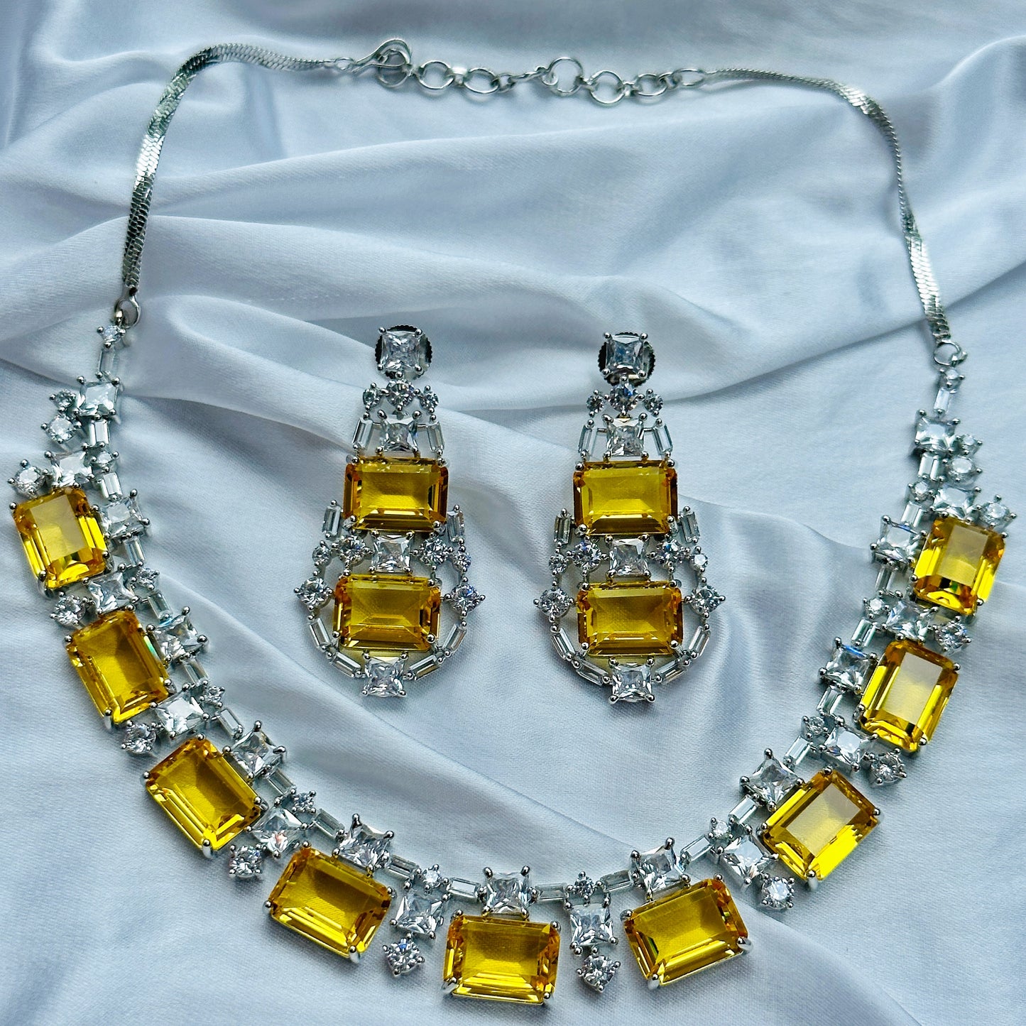 Yellow Topaz Cubic Zircon American Diamond Silver Plated Necklace Set