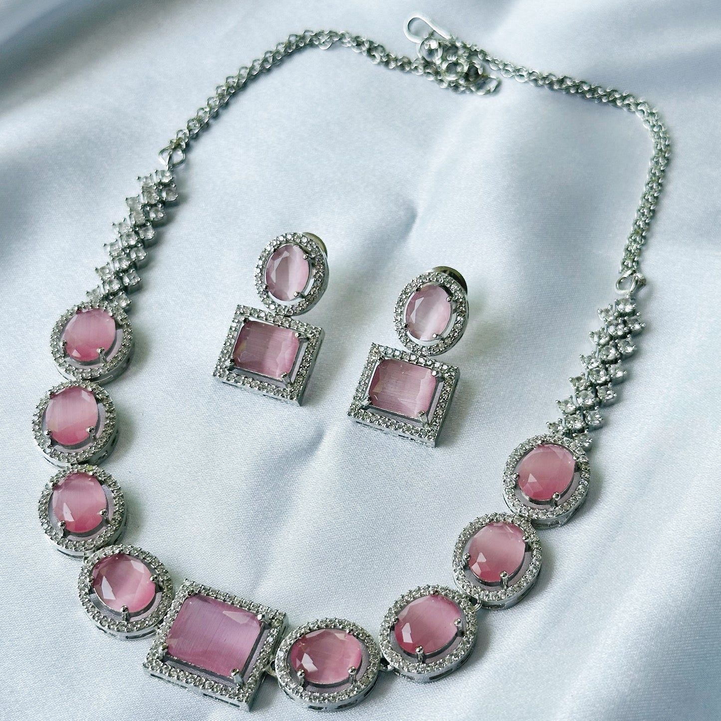 Pink Opal Cubic Zircon American Diamond Silver Plated Necklace Set