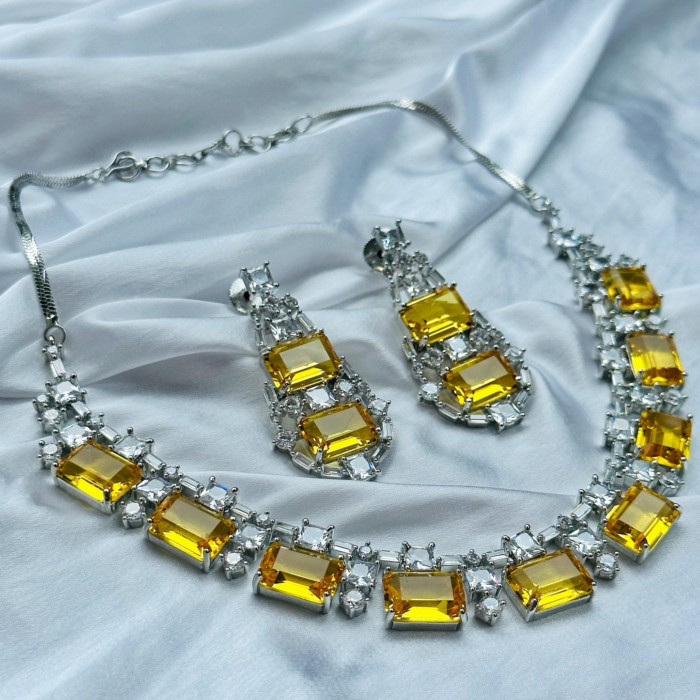 Yellow Topaz Cubic Zircon American Diamond Silver Plated Necklace Set