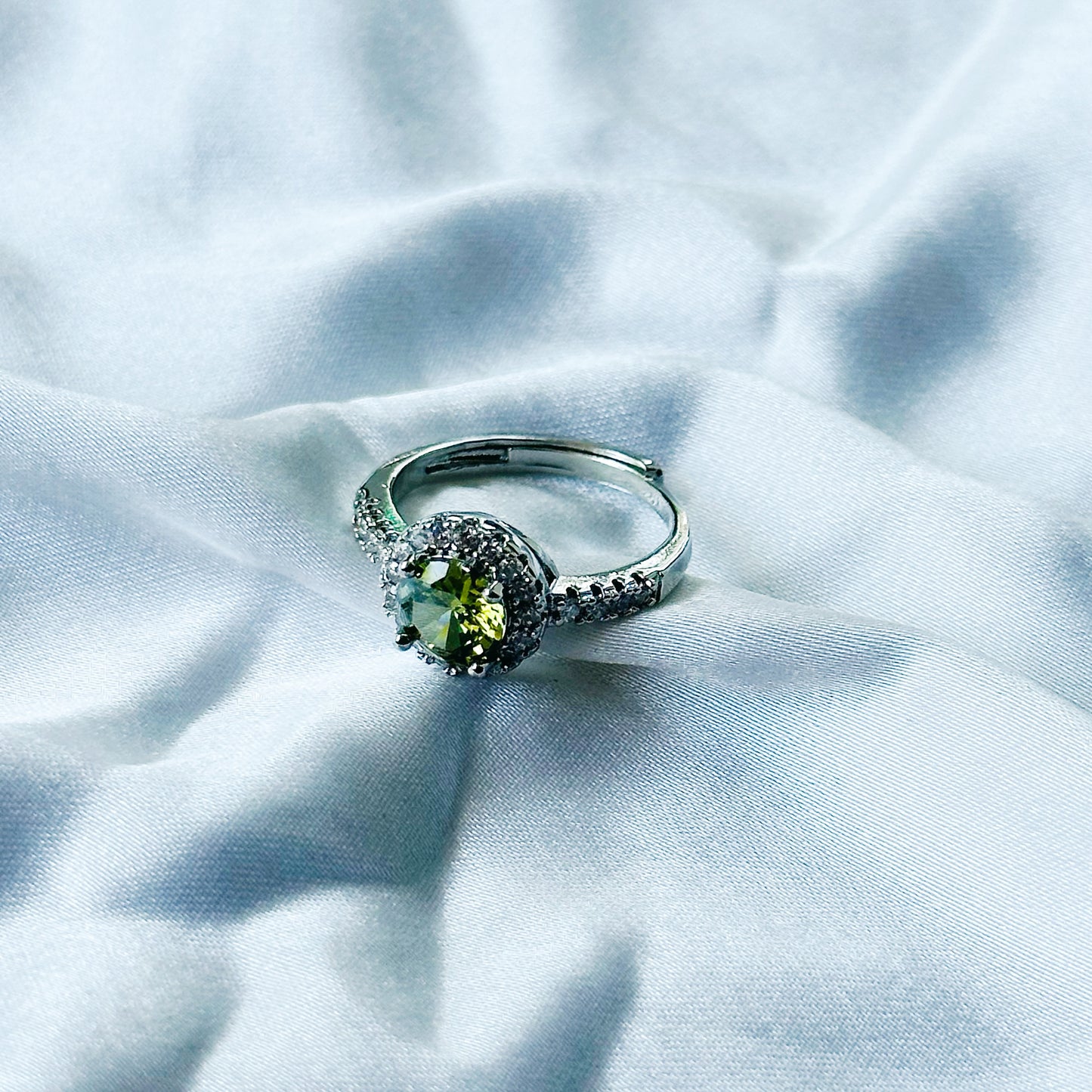Olive Green Cubic Zircon Stone American Diamond Silver Plated Adjustable Ring
