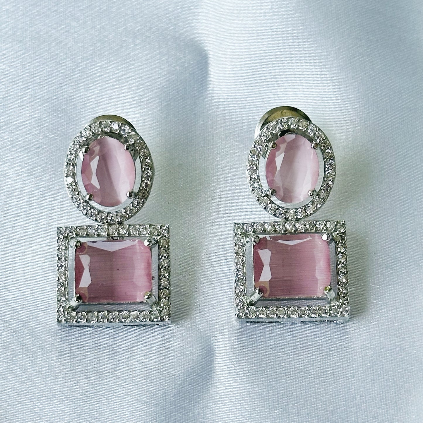 Pink Opal Cubic Zircon American Diamond Silver Plated Necklace Set