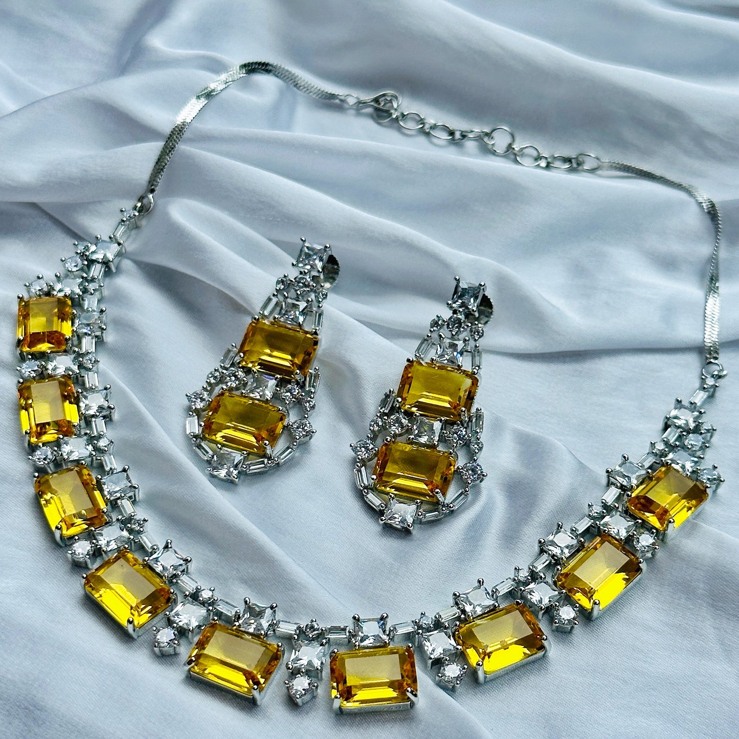 Yellow Topaz Cubic Zircon American Diamond Silver Plated Necklace Set