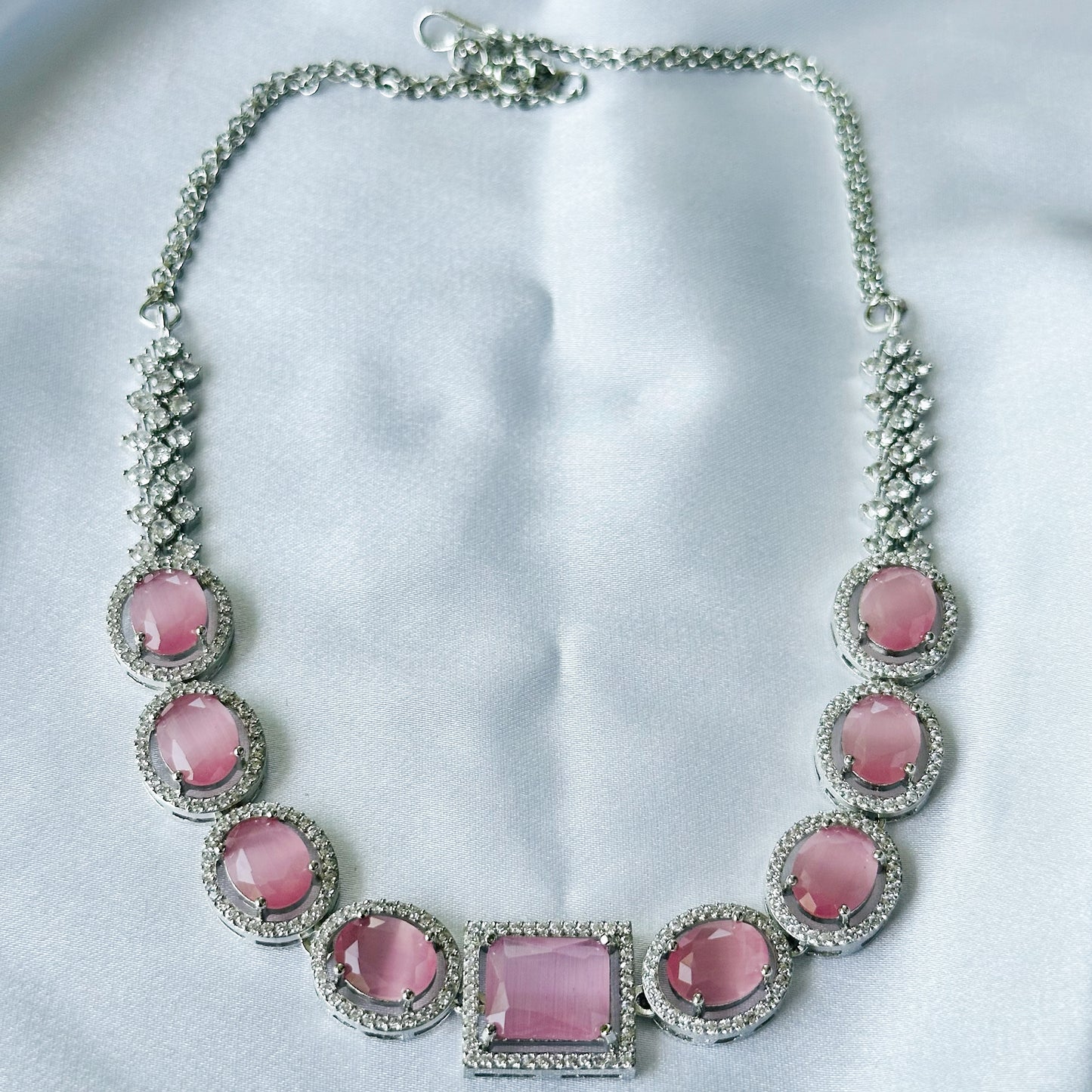 Pink Opal Cubic Zircon American Diamond Silver Plated Necklace Set