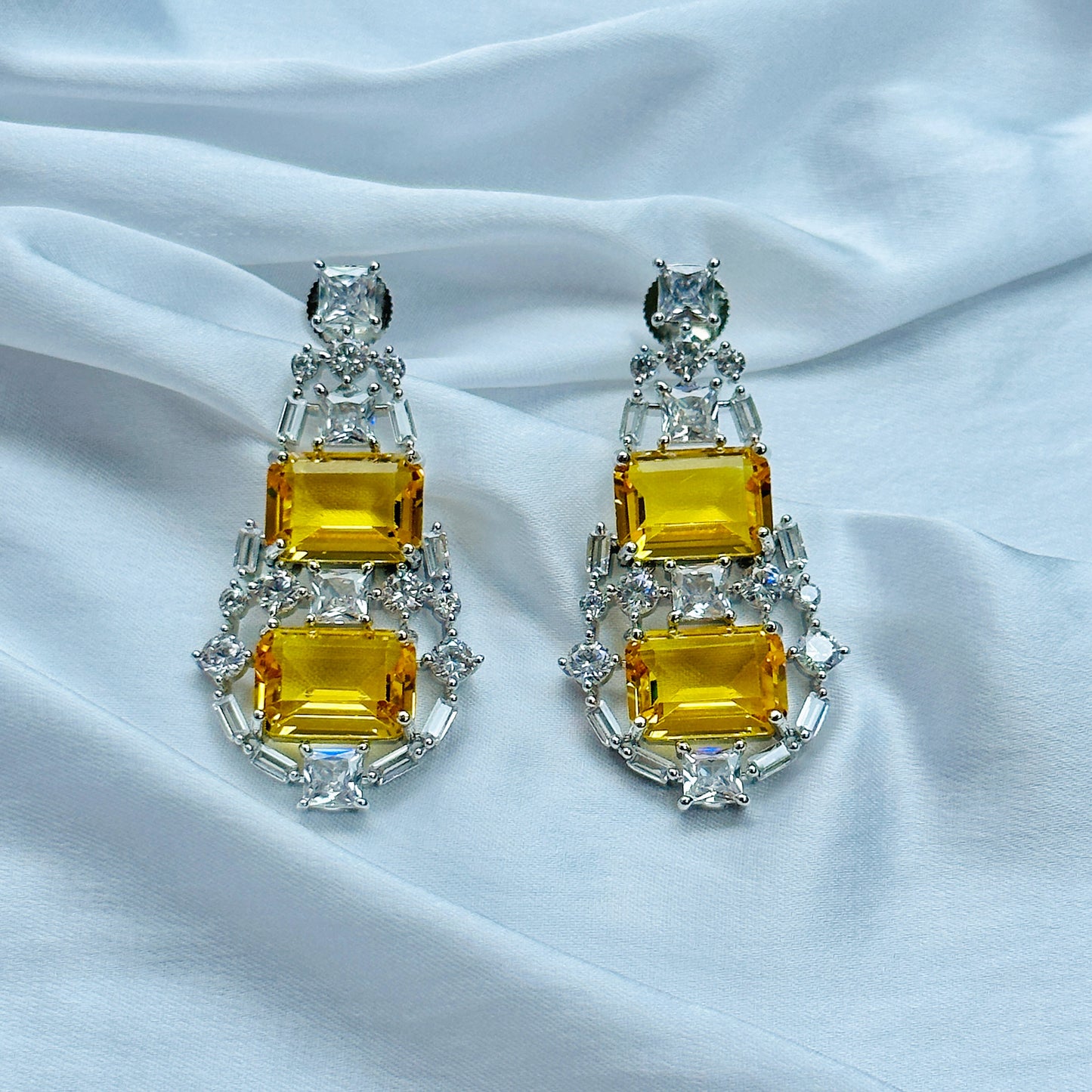 Yellow Topaz Cubic Zircon American Diamond Silver Plated Necklace Set