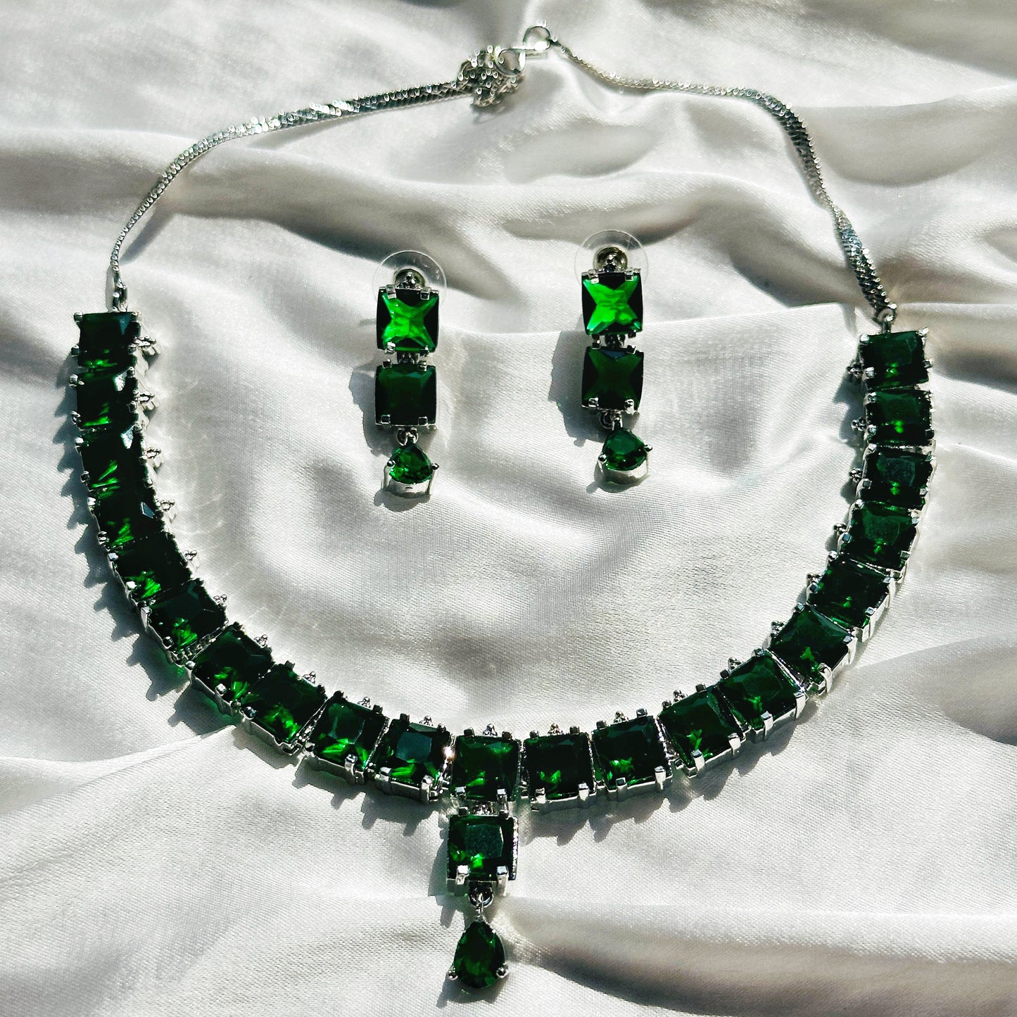 Green Emerald Cubic Zirconia American Diamond Silver Plated Necklace Set