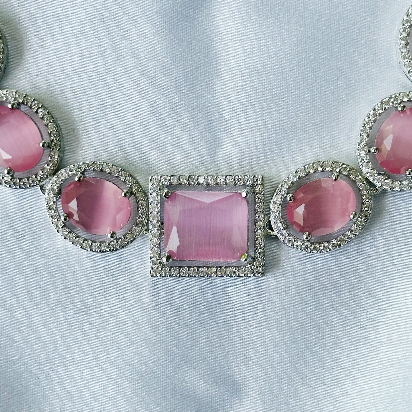 Pink Opal Cubic Zircon American Diamond Silver Plated Necklace Set