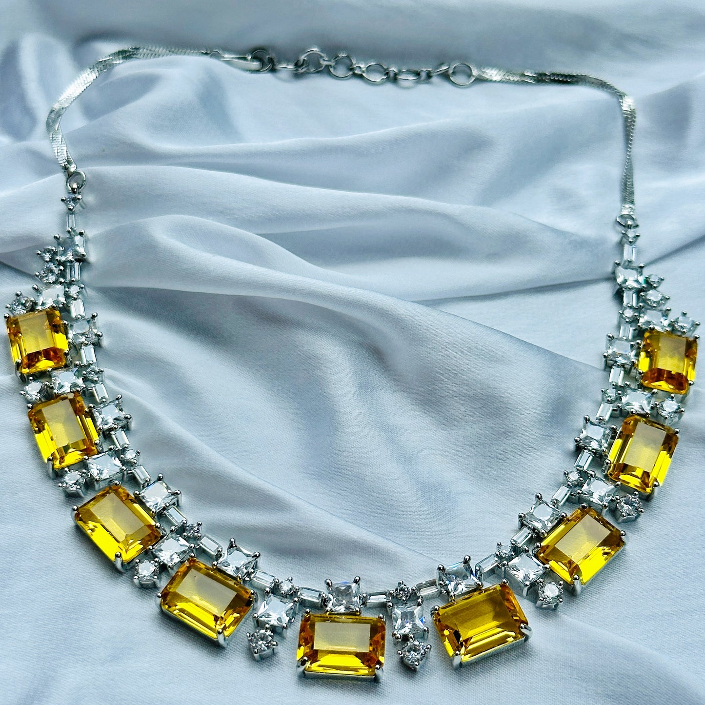 Yellow Topaz Cubic Zircon American Diamond Silver Plated Necklace Set