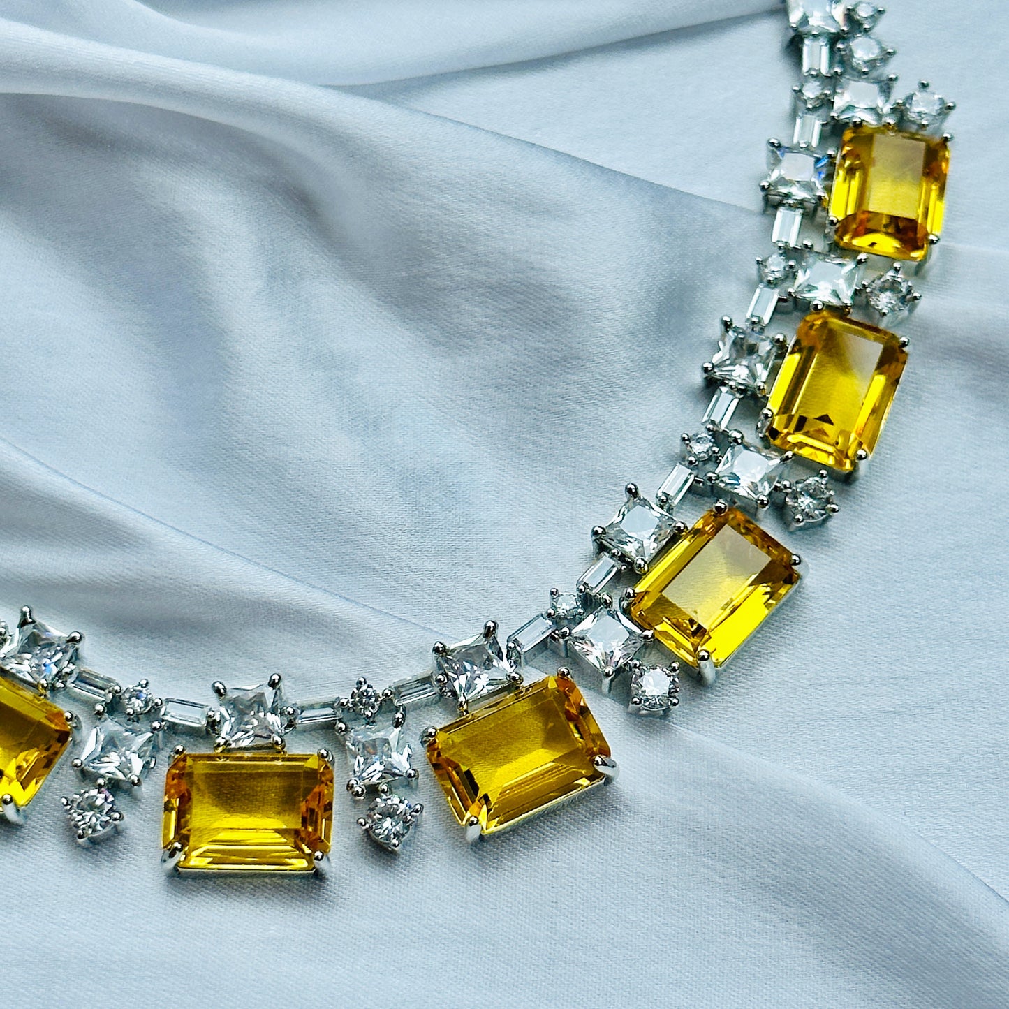 Yellow Topaz Cubic Zircon American Diamond Silver Plated Necklace Set