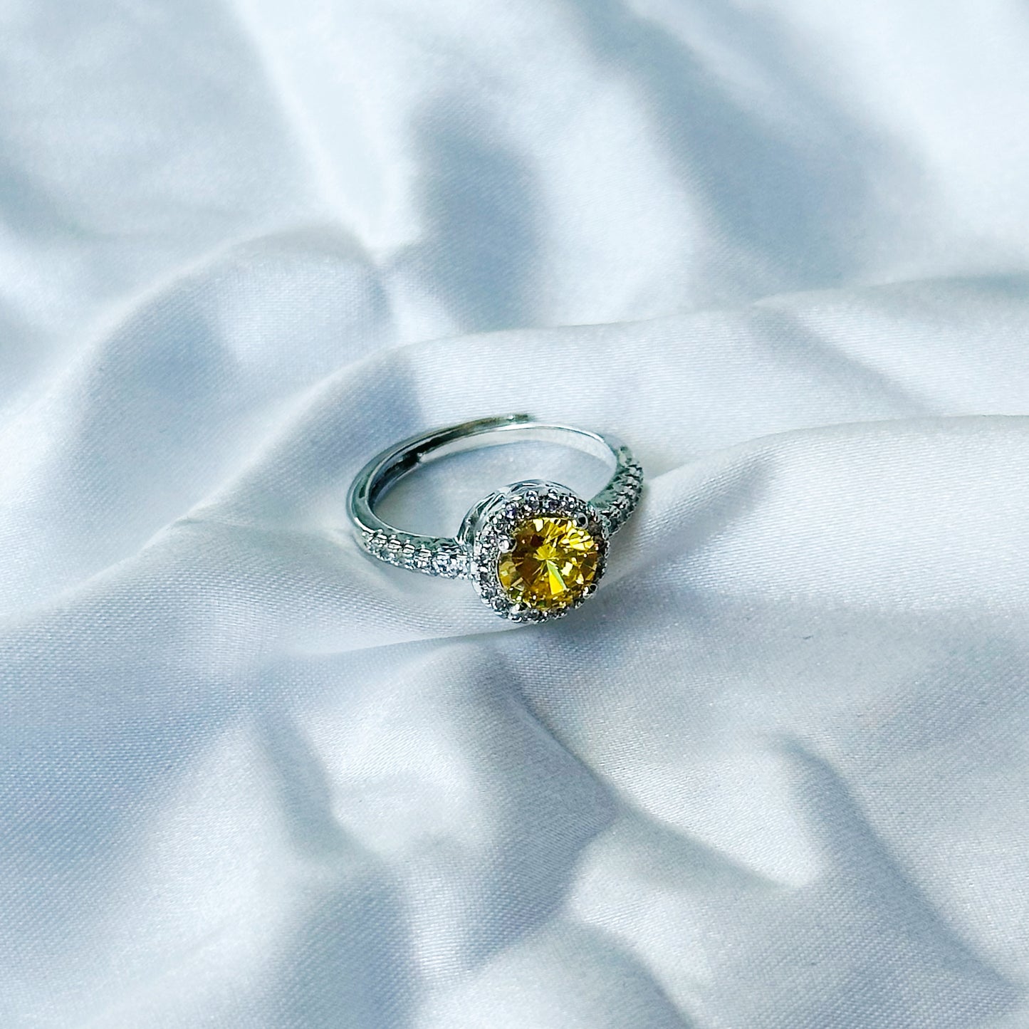 Yellow Topaz Cubic Zircon Stone American Diamond Silver Plated Adjustable Ring