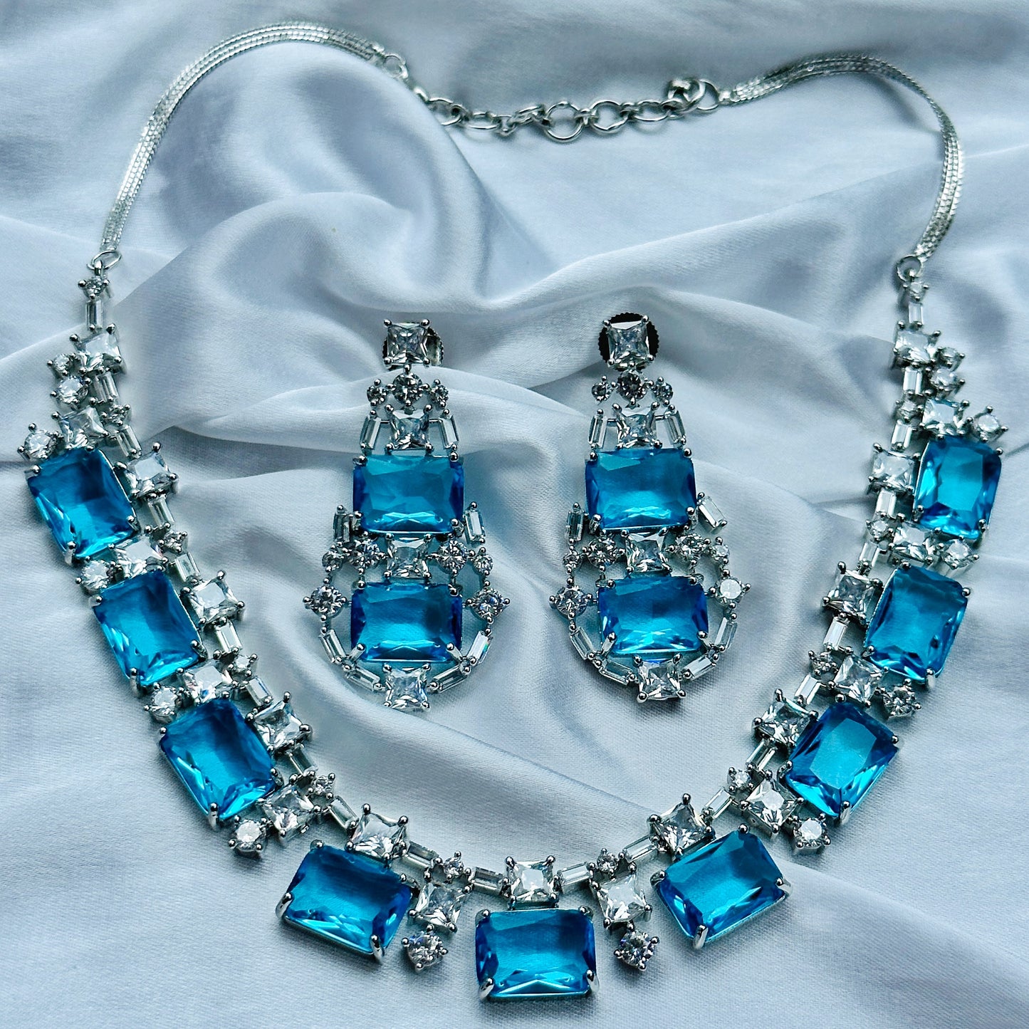 Aqua Blue Sapphire Cubic Zircon American Diamond Silver Plated Necklace Set