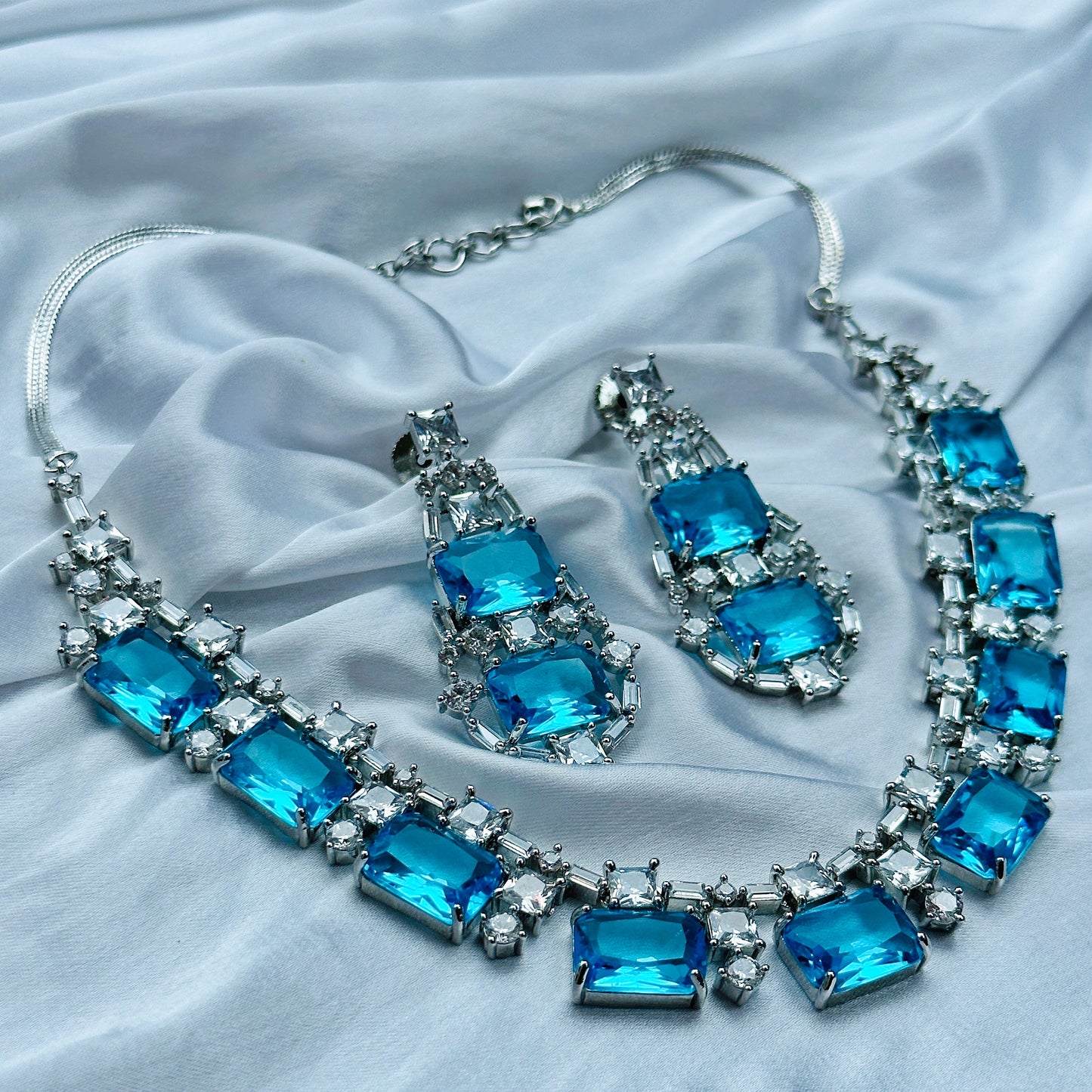 Aqua Blue Sapphire Cubic Zircon American Diamond Silver Plated Necklace Set