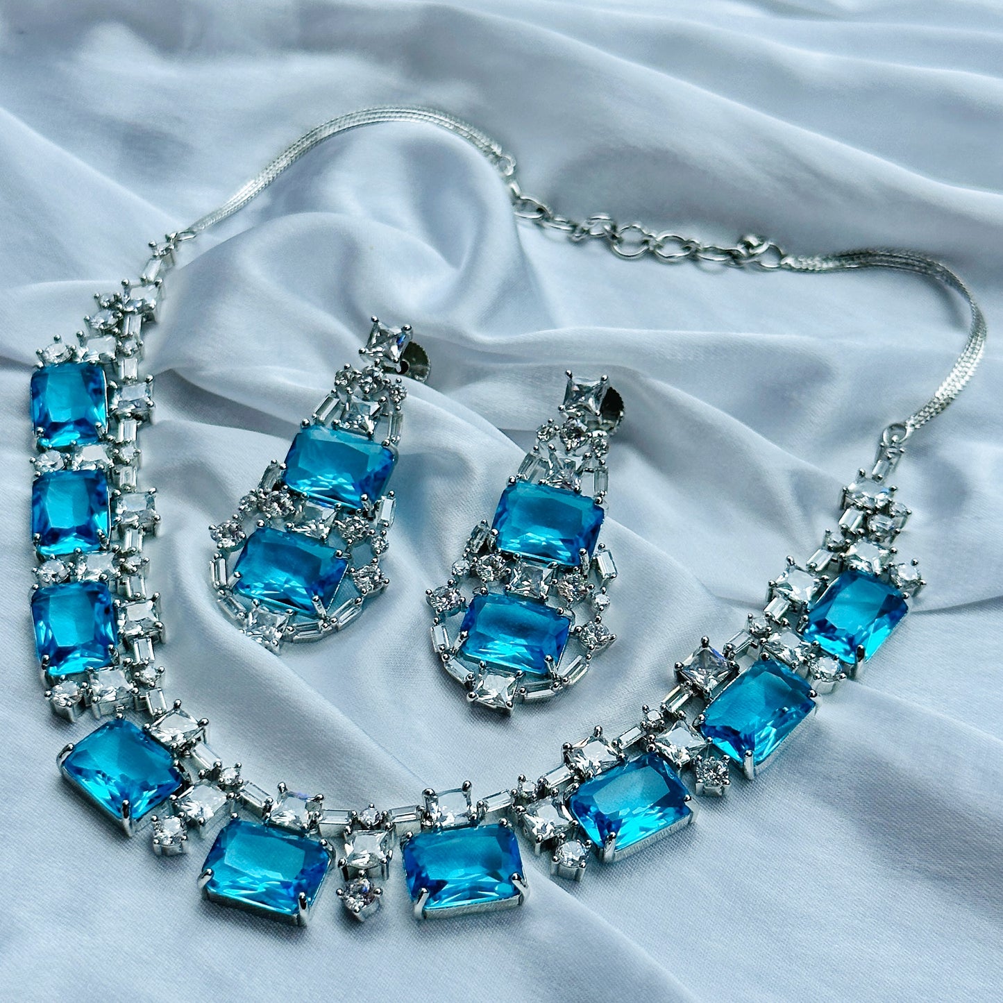 Aqua Blue Sapphire Cubic Zircon American Diamond Silver Plated Necklace Set