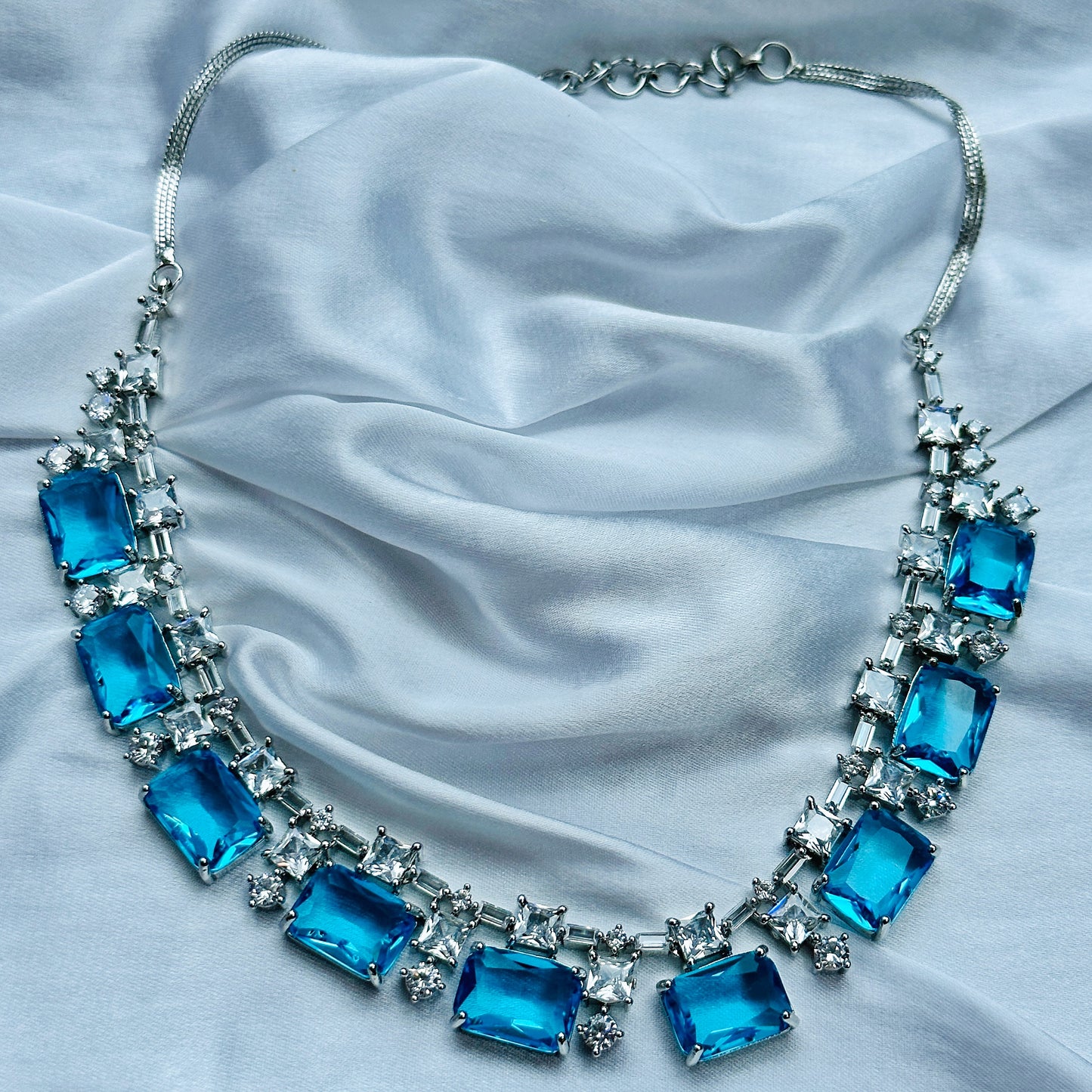 Aqua Blue Sapphire Cubic Zircon American Diamond Silver Plated Necklace Set