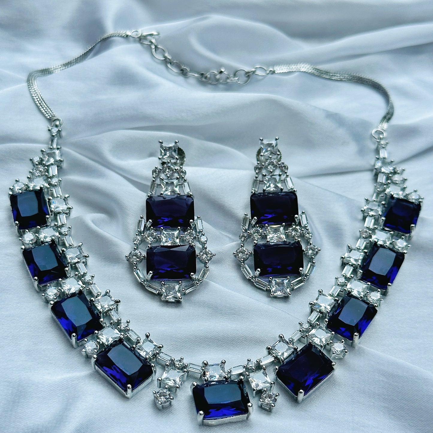 Blue Sapphire Cubic Zirconia American Diamond Silver Plated Necklace Set