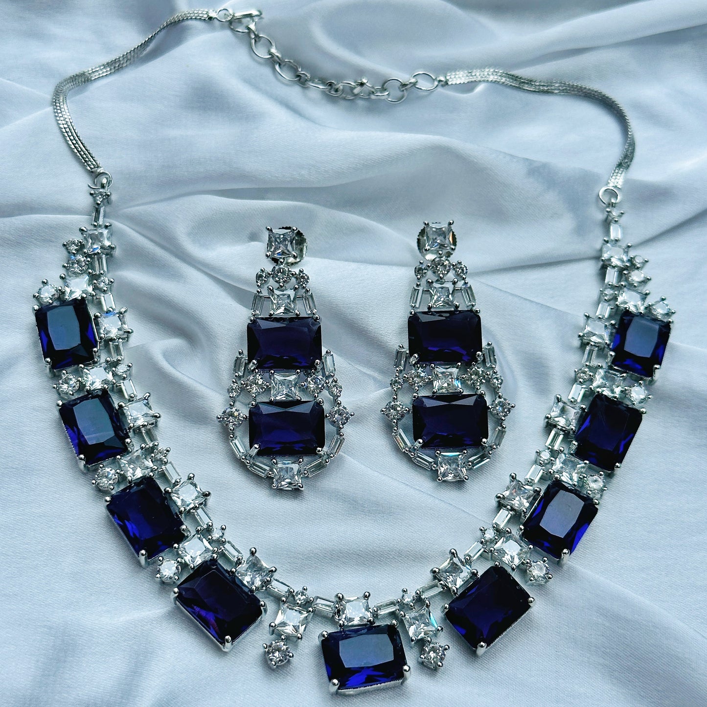 Blue Sapphire Cubic Zircon American Diamond Silver Plated Necklace Set