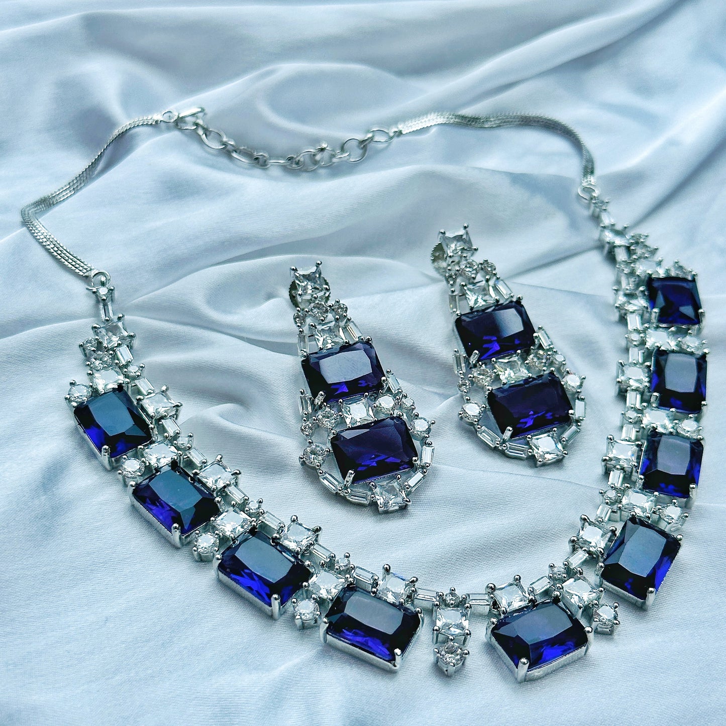 Blue Sapphire Cubic Zircon American Diamond Silver Plated Necklace Set