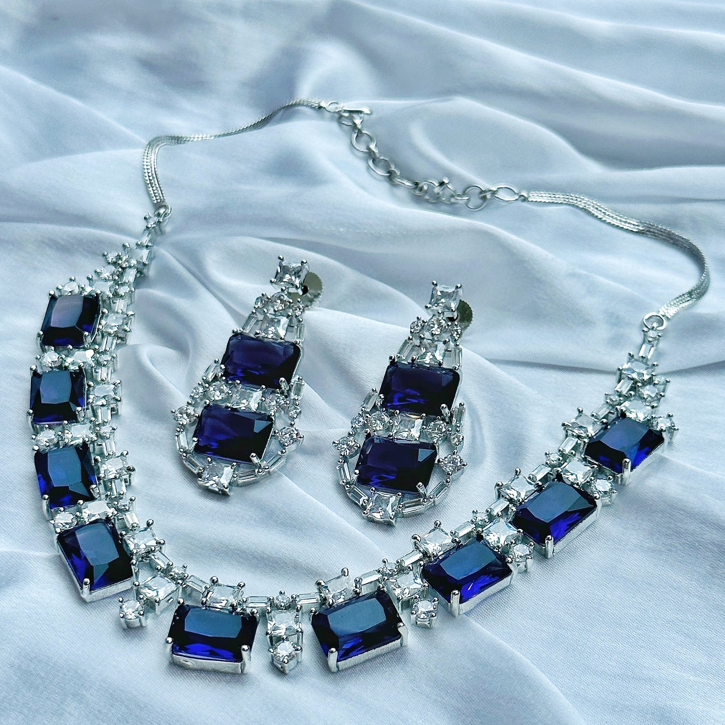 Blue Sapphire Cubic Zircon American Diamond Silver Plated Necklace Set