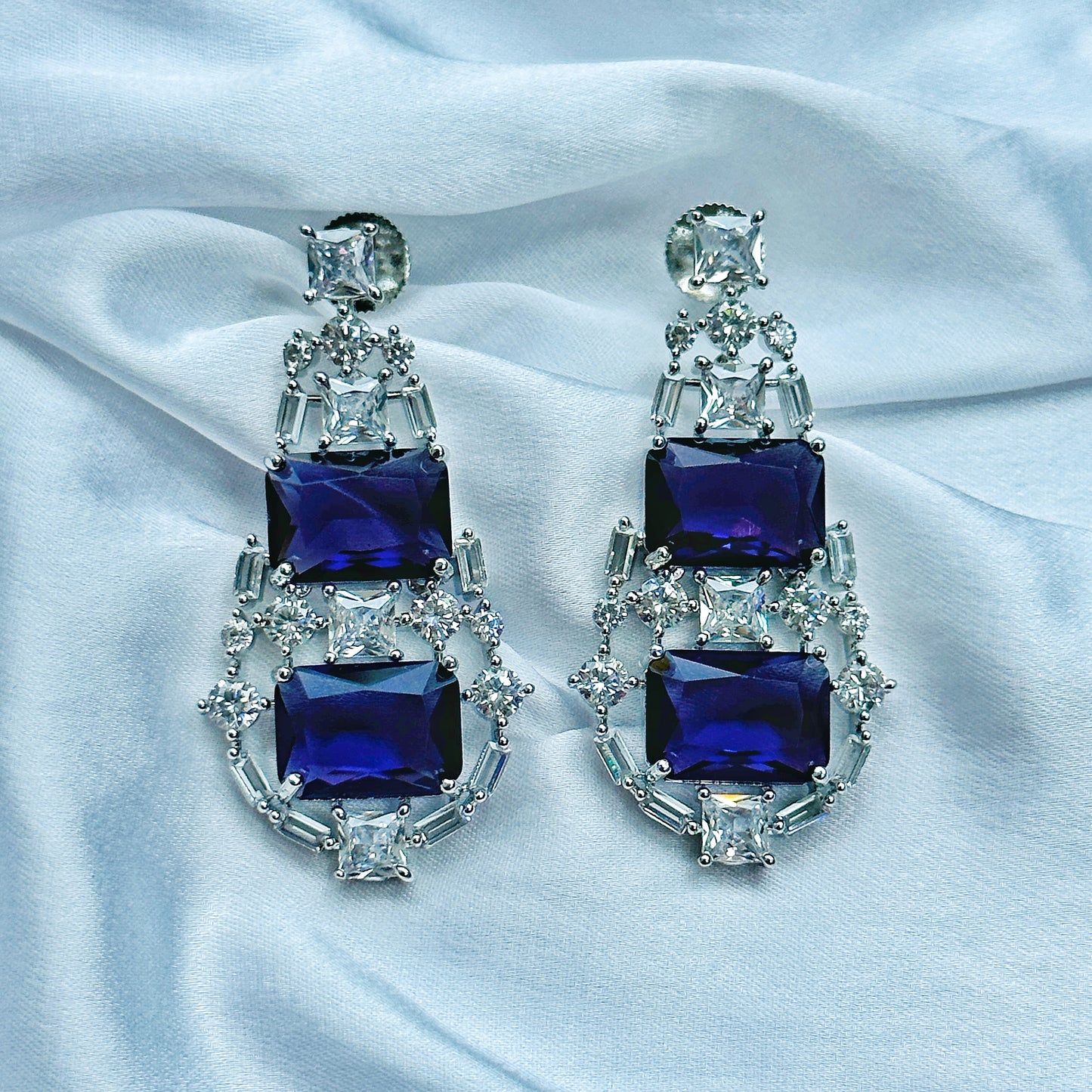Blue Sapphire Cubic Zircon American Diamond Silver Plated Necklace Set