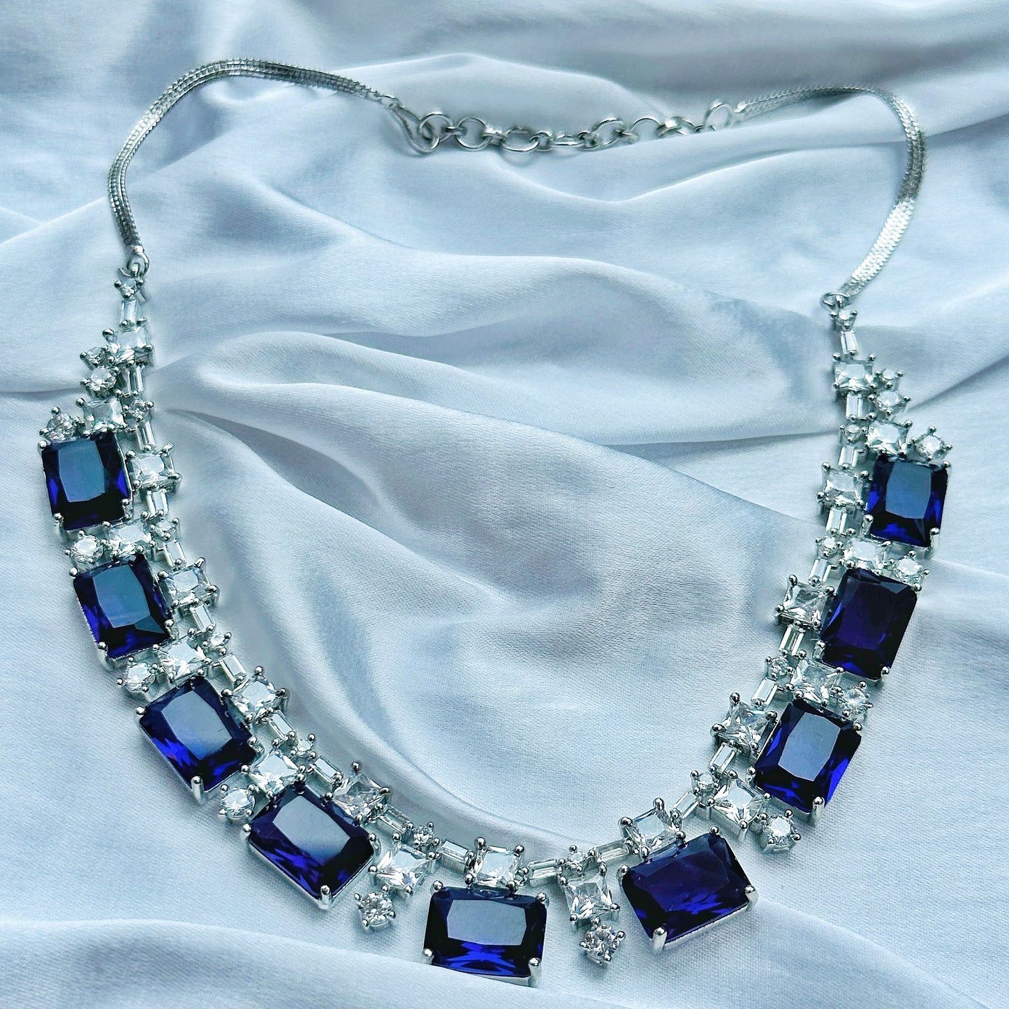 Blue Sapphire Cubic Zircon American Diamond Silver Plated Necklace Set