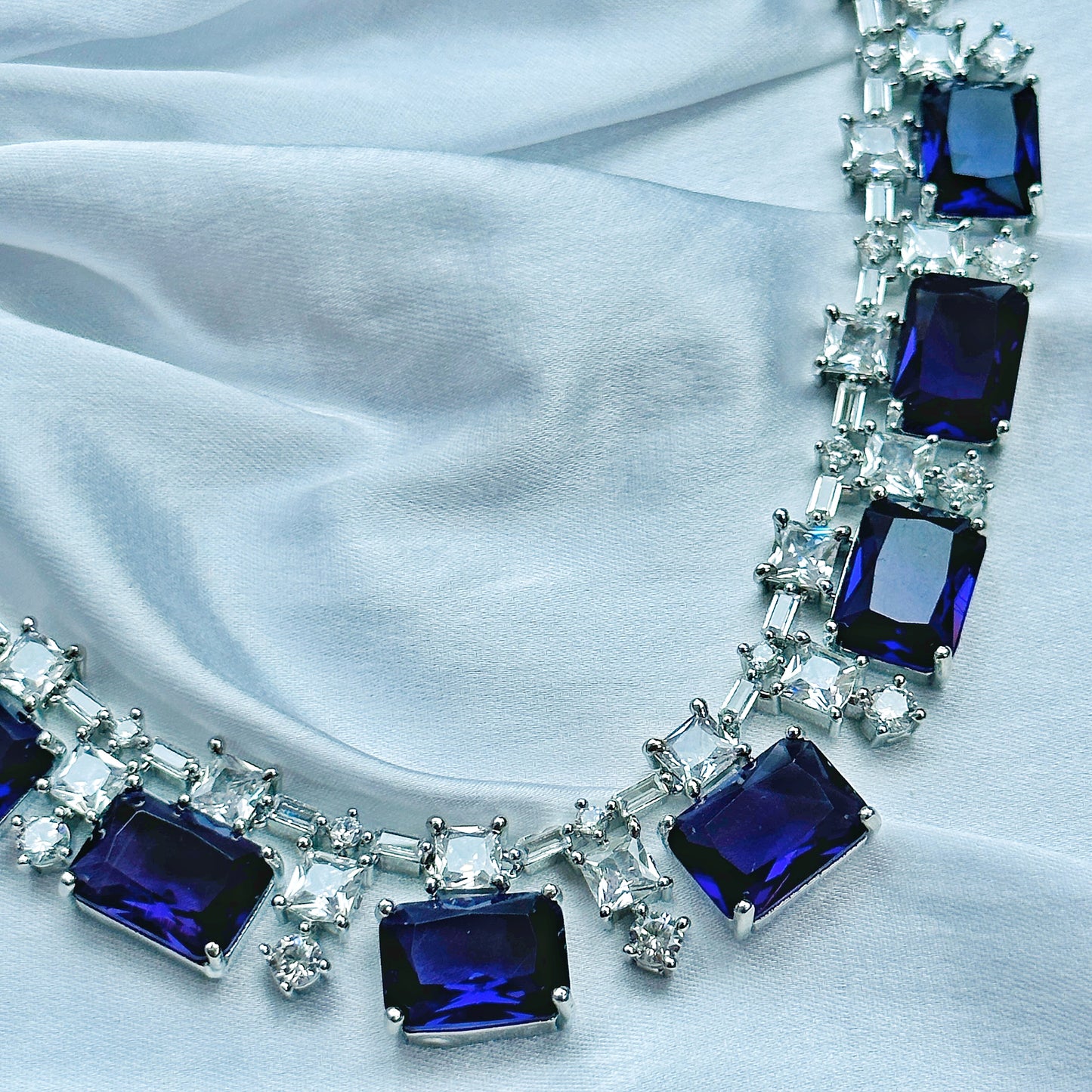 Blue Sapphire Cubic Zircon American Diamond Silver Plated Necklace Set