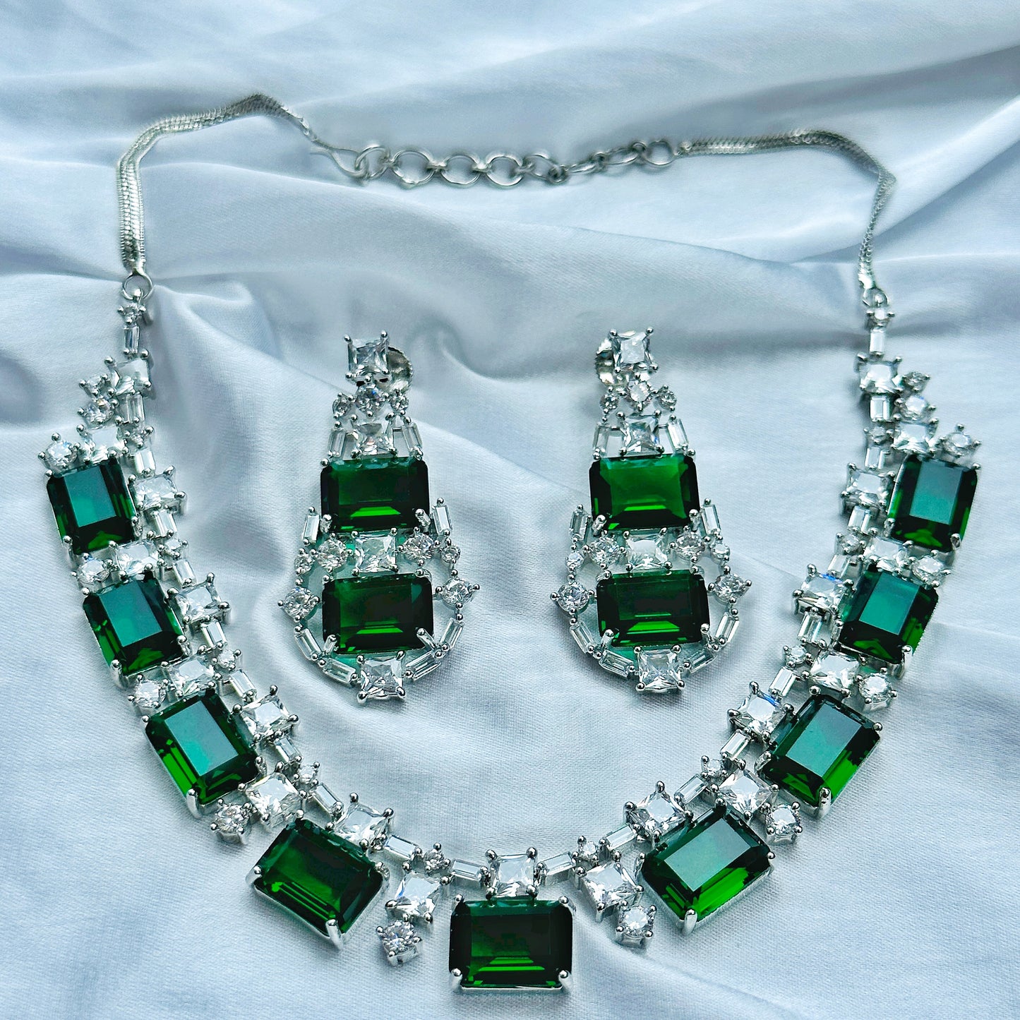 Green Emerald Cubic Zircon American Diamond Silver Plated Necklace Set