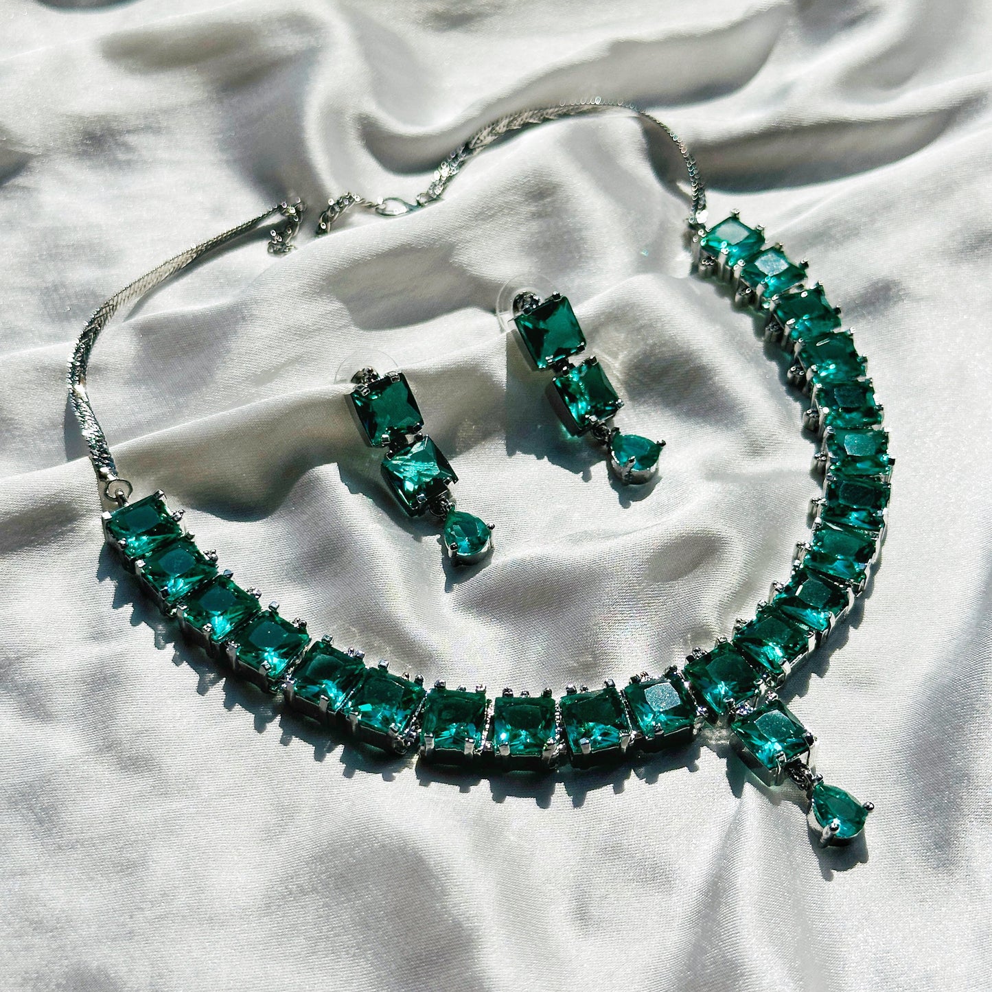 Sea Green Topaz Cubic Zircon Silver Plated Necklace Set