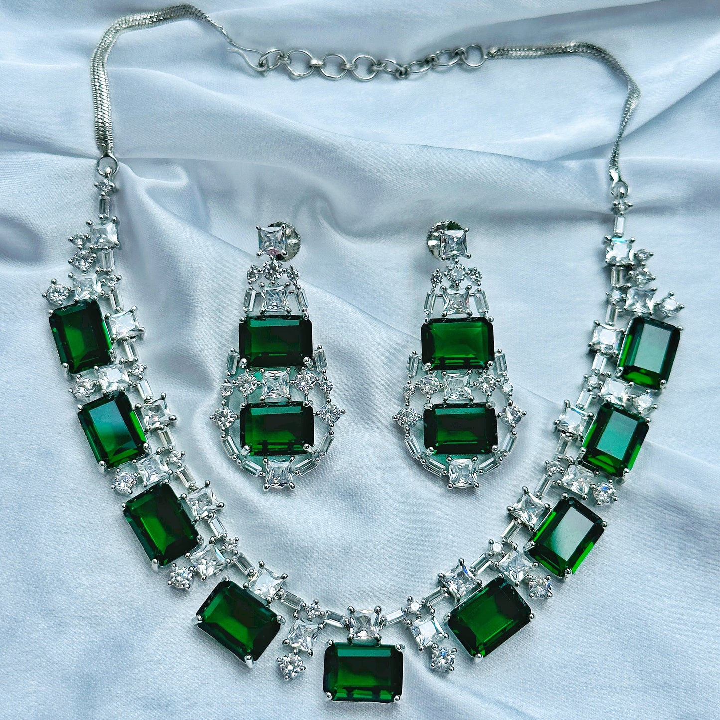Green Emerald Cubic Zircon American Diamond Silver Plated Necklace Set