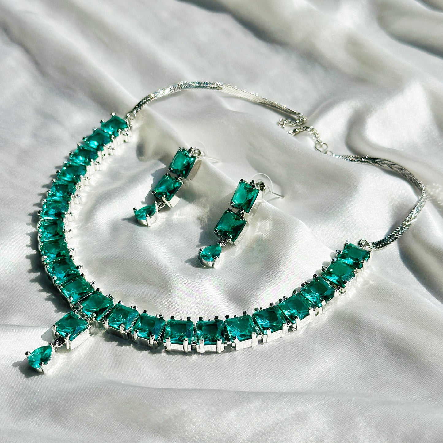 Sea Green Topaz Cubic Zircon Silver Plated Necklace Set