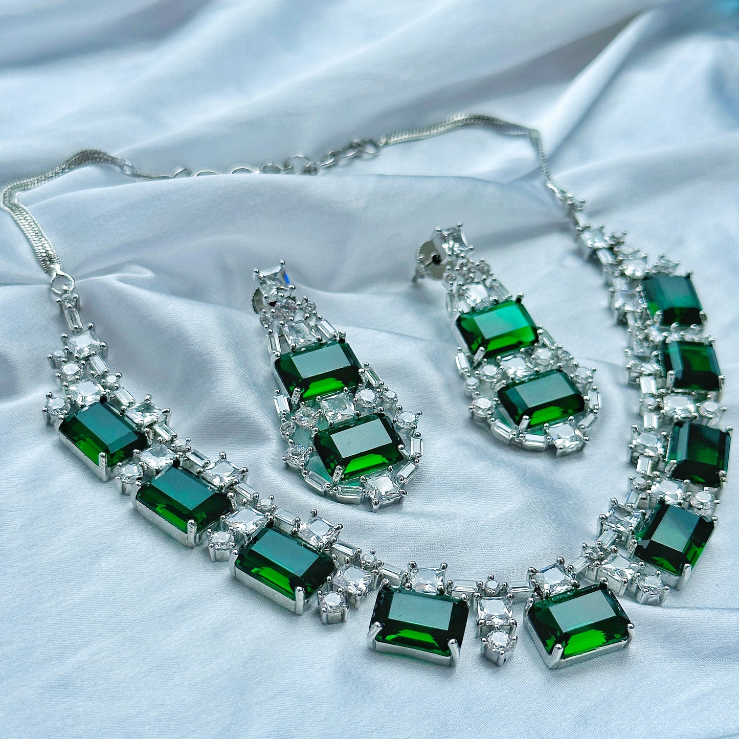Green Emerald Cubic Zircon American Diamond Silver Plated Necklace Set