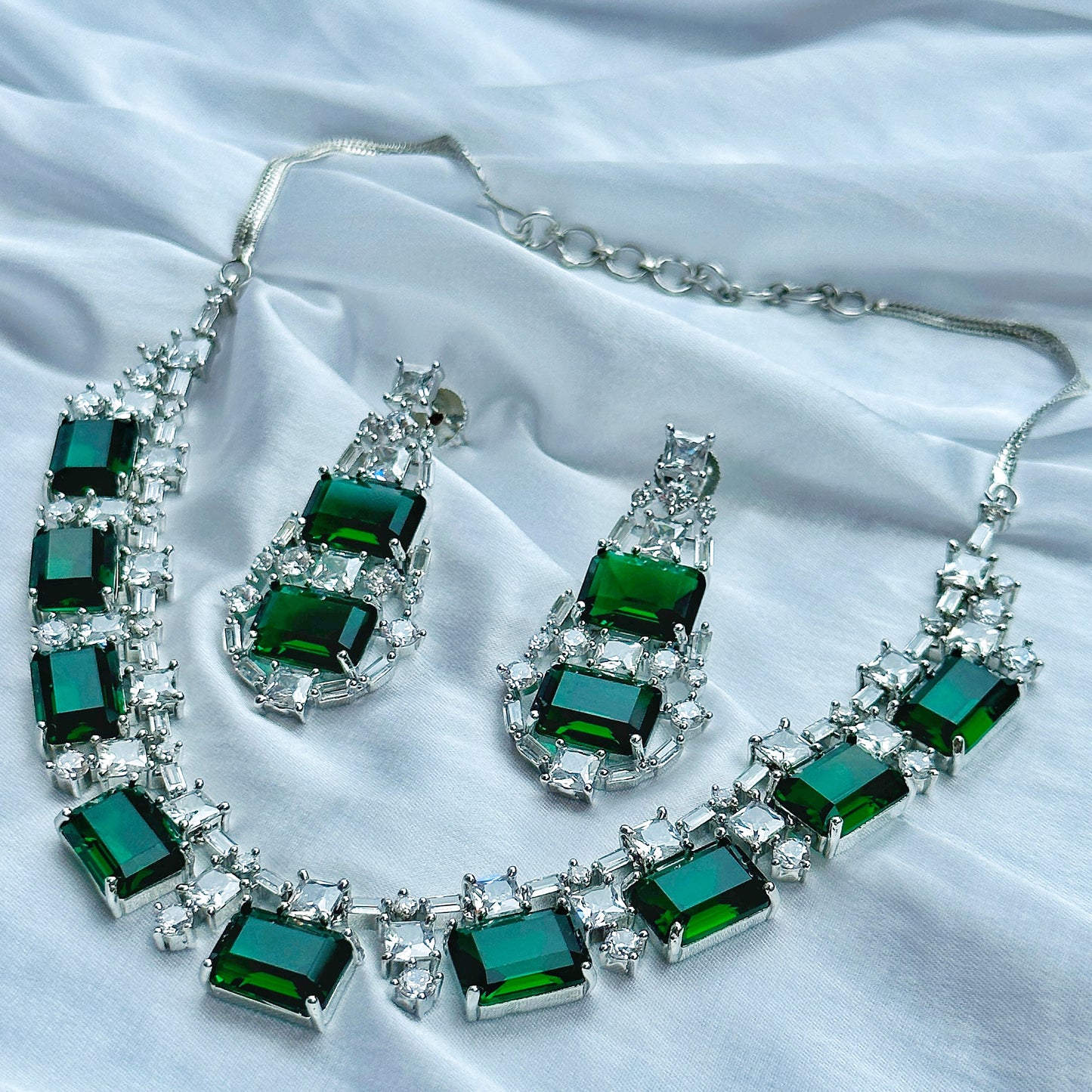 Green Emerald Cubic Zircon American Diamond Silver Plated Necklace Set