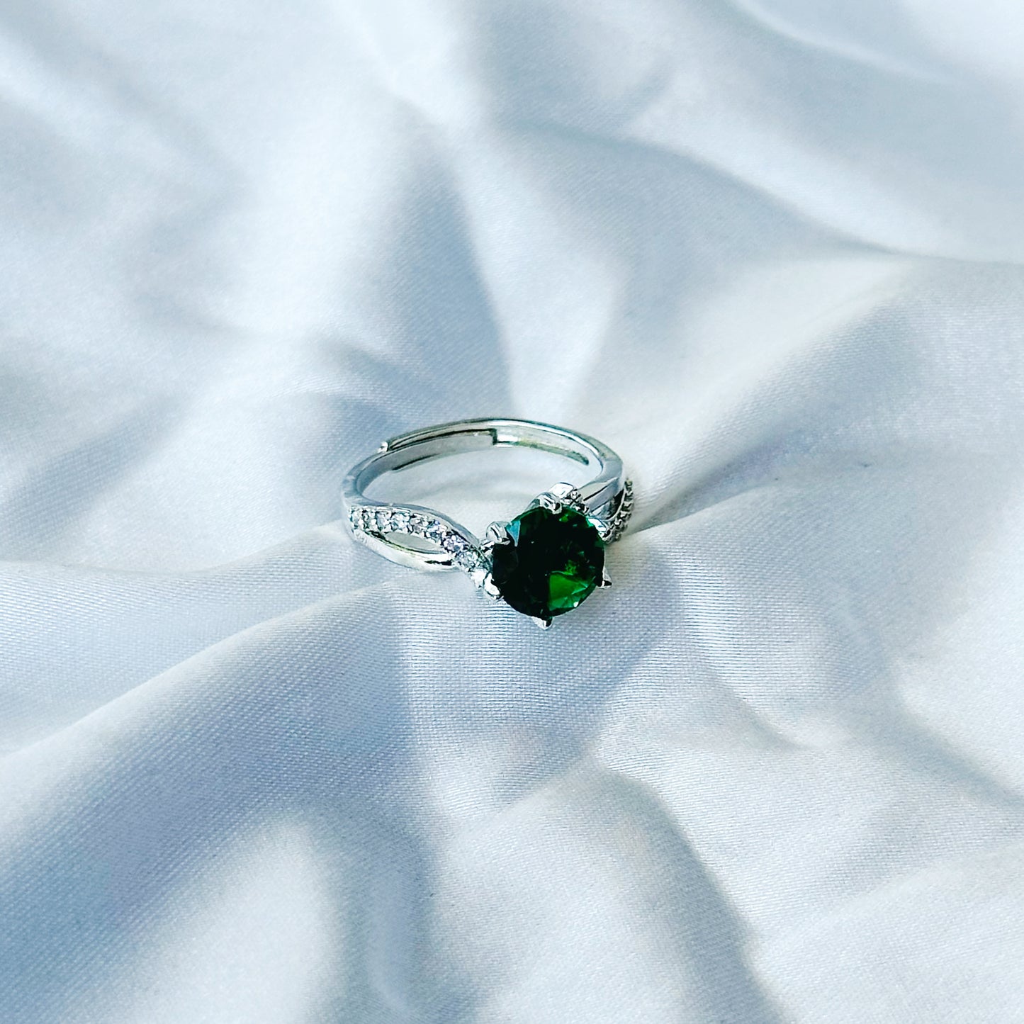 Green Emerald Cubic Zircon Stone American Diamond Silver Plated Adjustable Ring